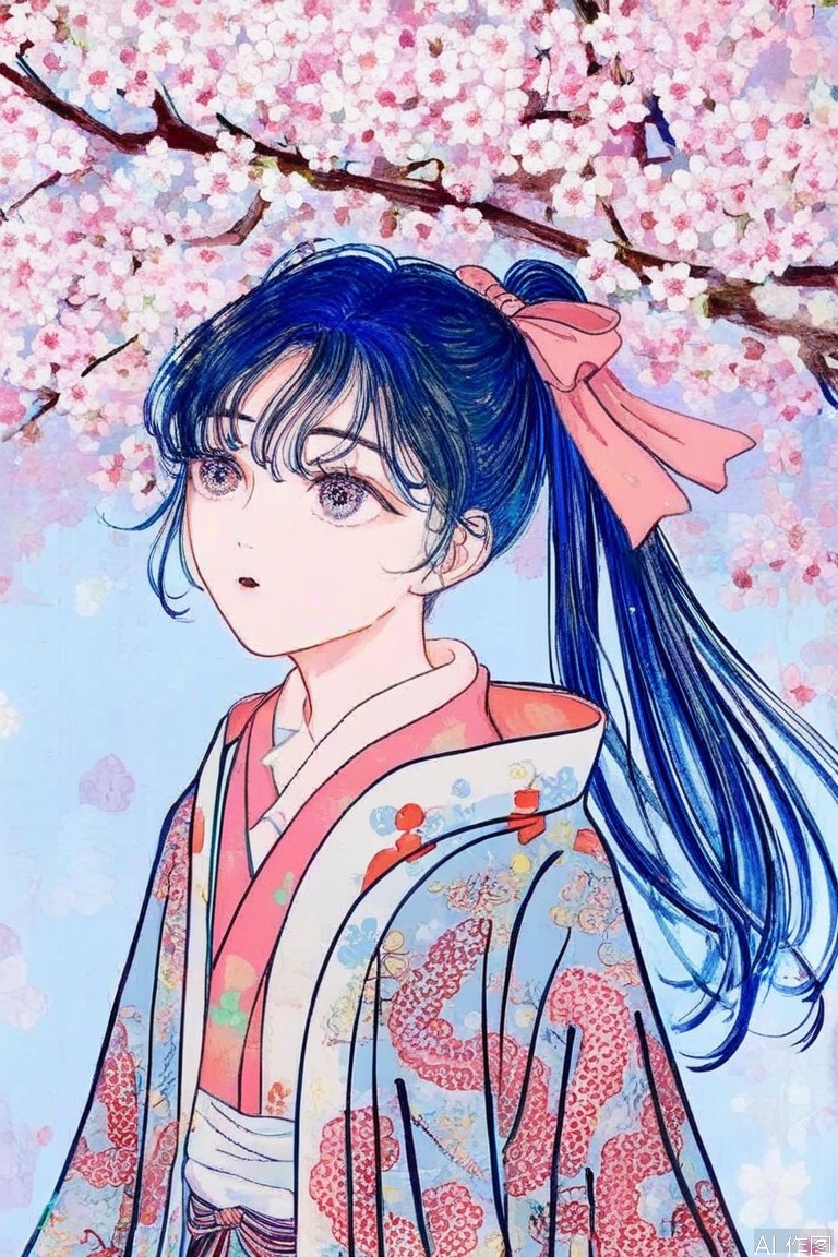 1girl, solo, long hair, black hair, ribbon, blue hair, hair ribbon, upper body, ponytail, flower, parted lips, japanese clothes, kimono, floral print, white flower, cherry blossoms, pink flower, branch