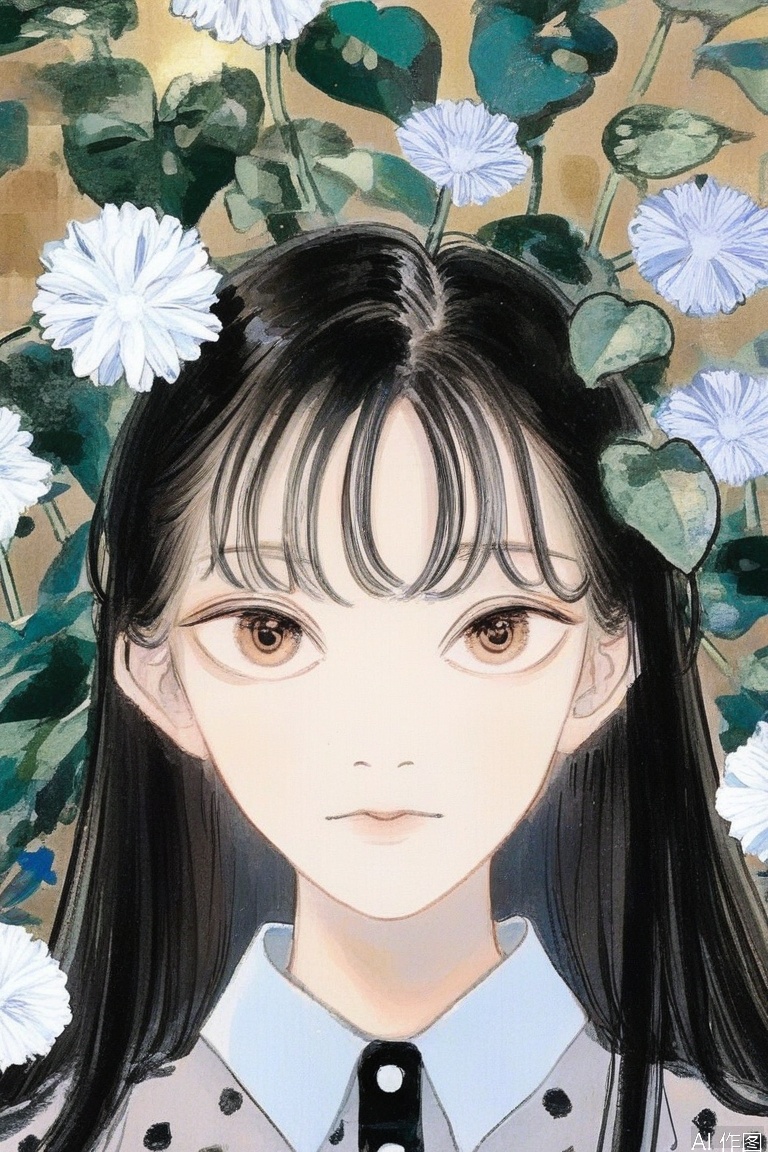 Rock painting,1girl, solo, long hair, looking at viewer, bangs, shirt, black hair, brown eyes, flower, collared shirt, leaf, white flower, portrait