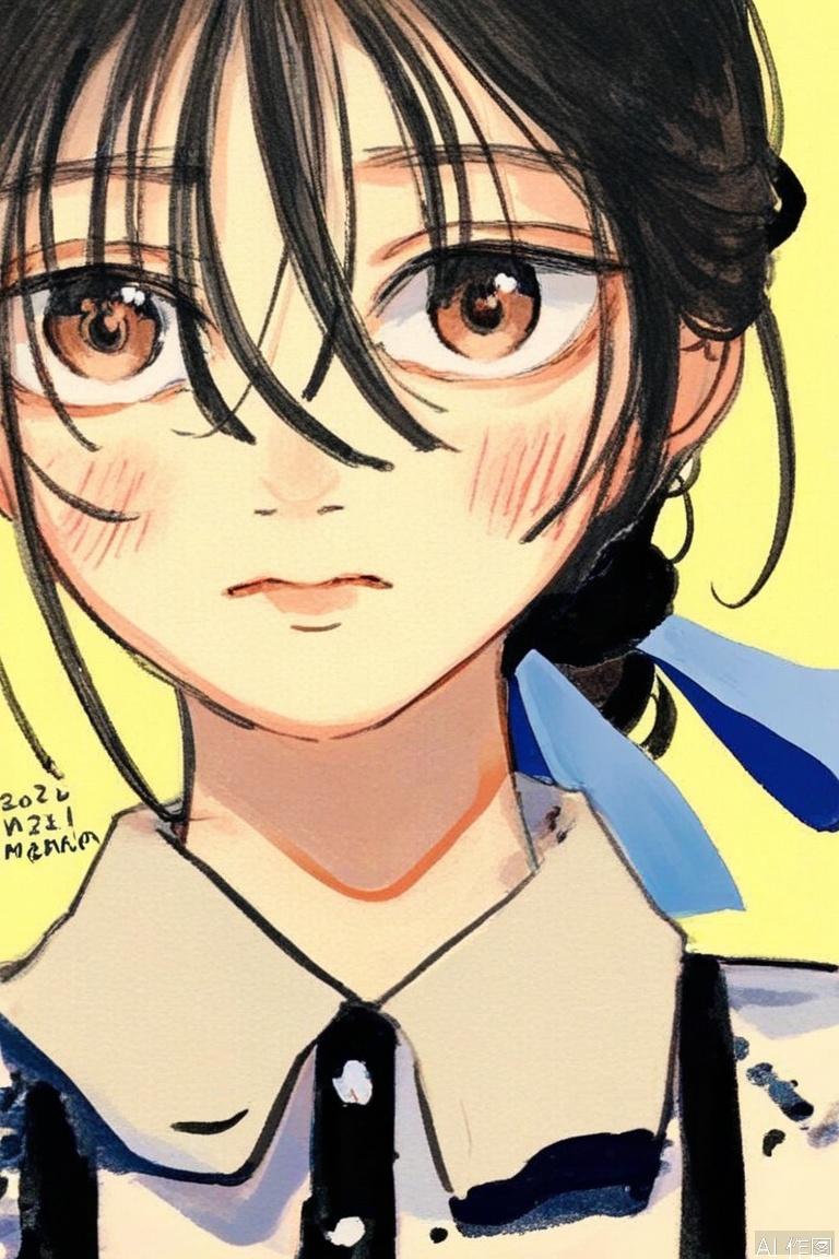 Rock painting,1girl, solo, looking at viewer, blush, bangs, simple background, shirt, black hair, ribbon, hair between eyes, brown eyes, hair ribbon, collared shirt, dated, shadow, portrait, yellow background