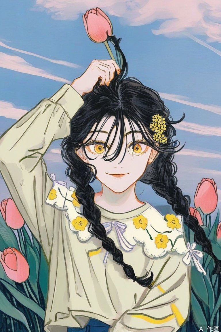 Rock painting 1girl solo long hair looking at viewer smile shirt black hair long sleeves holding hair between eyes yellow eyes upper body braid flower outdoors cloud arm up twin braids pink flower yellow flower holding flower tulip