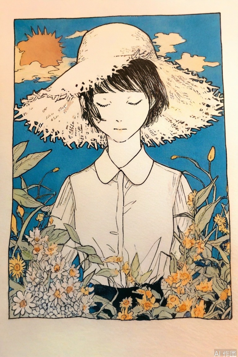 1girl, solo, short hair, shirt, hat, closed mouth, monochrome, closed eyes, white shirt, upper body, flower, sky, collared shirt, cloud, leaf, traditional media, plant, sun hat, straw hat, shirt tucked in