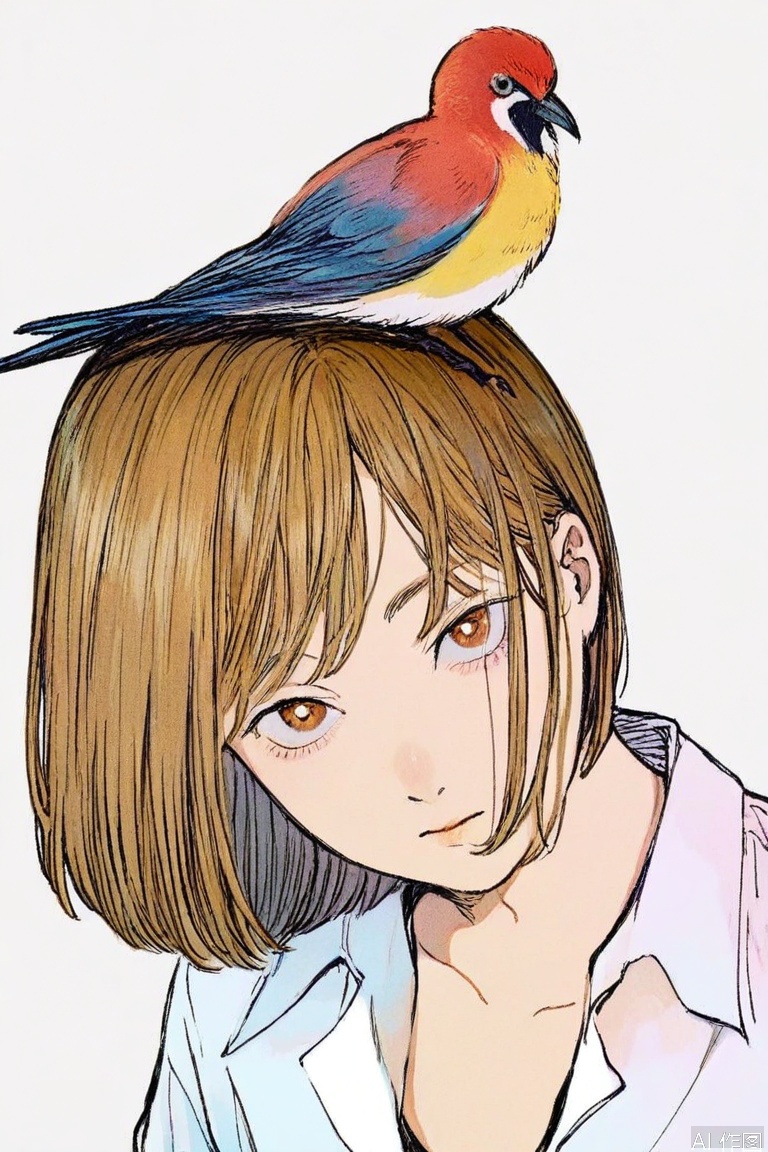 1girl, solo, looking at viewer, short hair, bangs, simple background, shirt, white background, white shirt, upper body, collared shirt, bird, animal, bob cut, on head, animal on head, bird on head