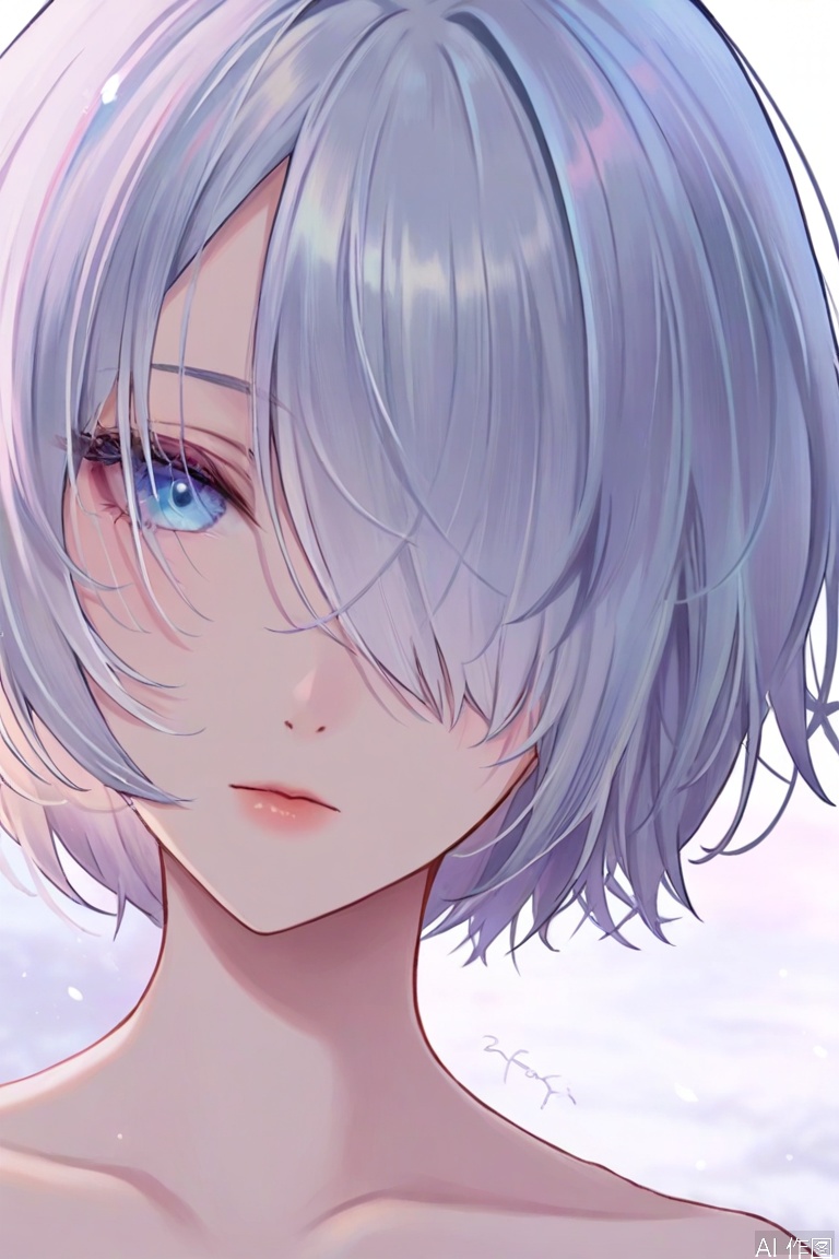 1girl, solo, looking at viewer, short hair, blue eyes, white hair, signature, hair over one eye, portrait