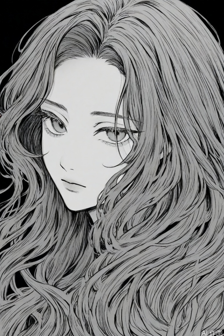 1girl, solo, long hair, looking at viewer, simple background, closed mouth, monochrome, greyscale, black background, portrait