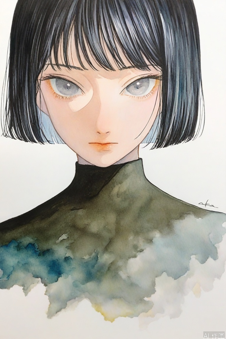 1girl, solo, looking at viewer, short hair, bangs, simple background, black hair, white background, closed mouth, upper body, signature, grey eyes, traditional media, bob cut, portrait