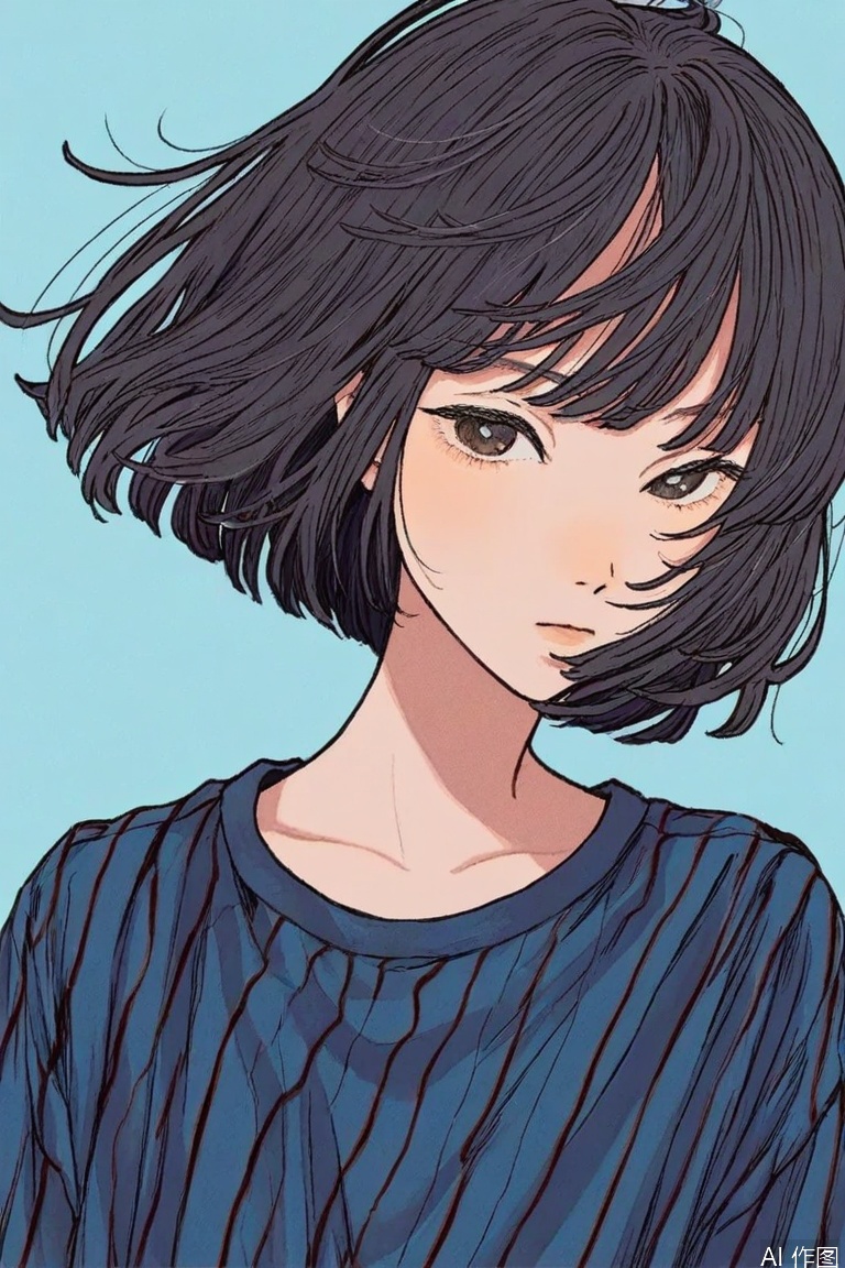 1girl, solo, looking at viewer, short hair, bangs, simple background, shirt, upper body, striped, floating hair, shadow, blue background, expressionless