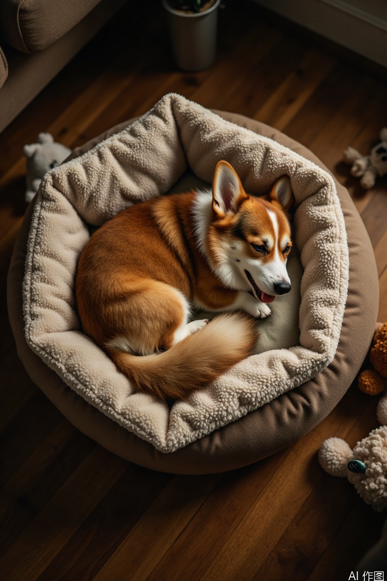 A cozy scene of a corgi sleeping in its soft dog bed, captured in warm, intimate lighting. The round dog bed is filled with fluffy cushions and blankets, cradling the curled-up corgi as it rests peacefully. Its fluffy tail hangs slightly over the edge of the bed. The shot is framed from above, showing the content expression on the sleeping corgi's face. Surrounding details include a few scattered plush toys and the comforting texture of a wooden floor beneath the bed. Gentle golden light creates an inviting, serene atmosphere.