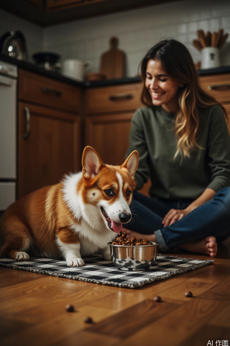 A heartwarming scene featuring a chubby corgi eating dog food while its owner watches affectionately. The composition captures the corgi at ground level, enthusiastically devouring its meal from a stainless steel bowl placed on a checkered mat. Its fluffy body wobbles slightly with each bite. To the side, the owner sits cross-legged on the floor, smiling gently with a look of love and care. Soft golden lighting illuminates the cozy kitchen setting, highlighting the wooden floors and the connection between pet and owner. A few scattered kibbles add authenticity to the scene.