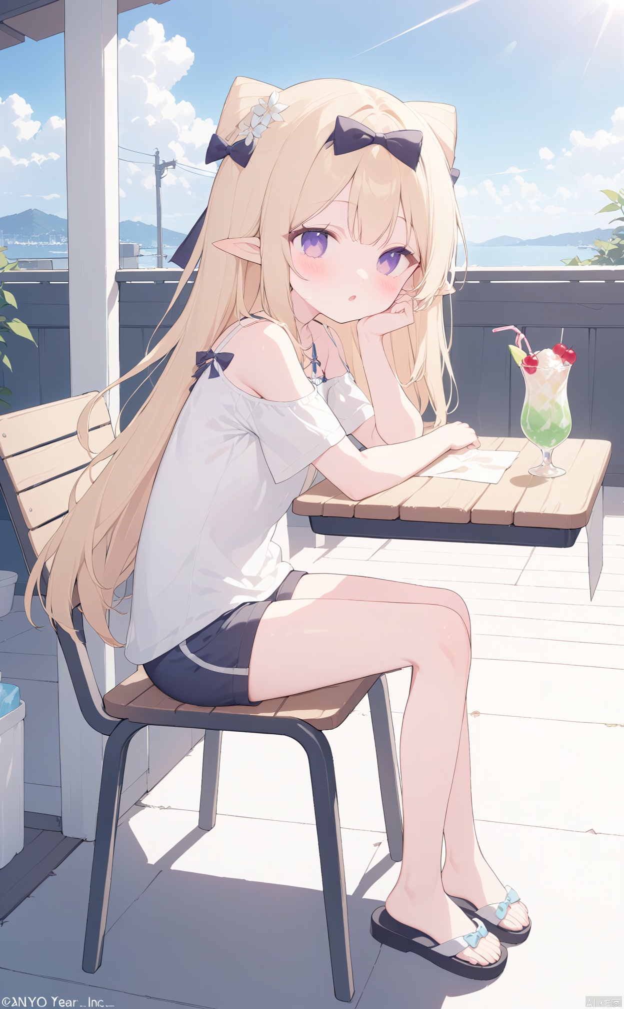 1girl, long hair,solo,hair bow, bow, blonde hair, long hair, pointy ears,Purple eyes,masterpiece,best quality,high quality,loli,Snow-white skin,
table, looking at viewer, day, ice cream, sandals, chair, sitting, 
shorts, food, outdoors, sky, cloud, signature, white shirt, 
spoon, ice cream float, shirt, fruit, blush, clothing cutout, 
flower, holding, shoulder cutout, short shorts, blue sky, bare legs, 
holding spoon, full body, on chair, elbows on table, from side, 
short sleeves, drinking straw, flip-flops, parted lips, sunlight, 
:o, bare shoulders, looking to the side, cloudy sky, cup, drink, 
cherry, head rest, summer, legs, toes, feet,
year_2023,year_2024,
(artist:tokkyu:0.5),(artist:momoko \(momopoco\):0.5),(artist:ask \(askzy\):0.5),
(artist:yuyumu:0.4),(artist:dsmile:0.5),(artist:atdan:0.5),(artist:mignon:0.5),
(Artist:yunsang,gomzi:0.7),
official art,depth of field,detailed light,blurry background,cinematic lighting,
ray tracing, ultra detailed,god rays,backlighting,photo background,film grain,
chromatic aberration,volumetric lighting,shiny skin,floating hair,
very aesthetic