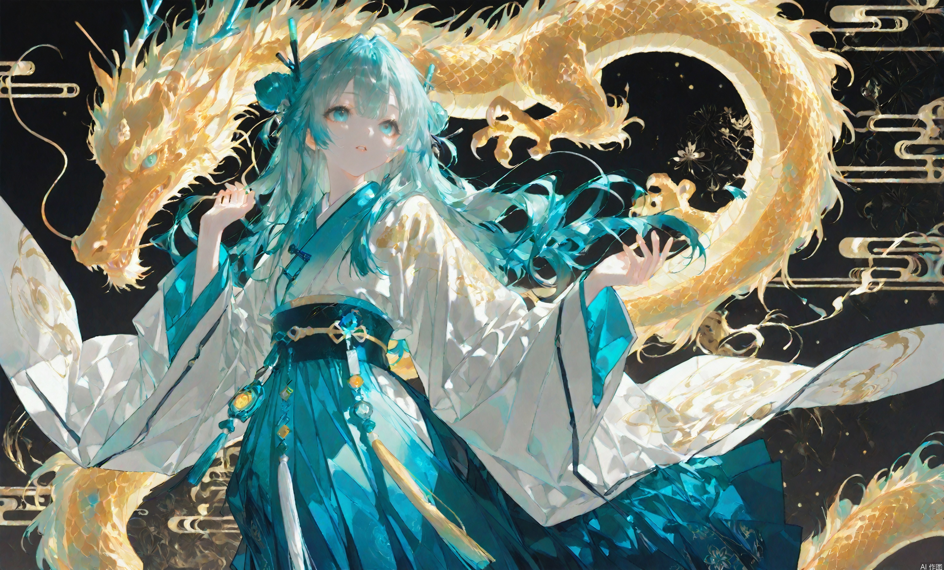 masterpiece, extreme aesthetic,best quality, high quality, extremely detailed CG unity 8k wallpaper, extremely detailed, High Detail, vibrant colors, anime style, 
impactful picture,offcial art,Chinese style,Anime national style clothes,Colorful and complex background,

masterpiece,best quality,good quality,newest,very aesthetic,absurdres,Visual impact,32K UHD,colorful,

1girl, solo, long hair, eastern dragon, dragon, multicolored hair, double bun, year of the dragon, long sleeves, japanese clothes, wide sleeves, hair bun, parted lips, aqua eyes, blue eyes, aqua hair, chinese zodiac, sash, skirt, hakama, chinese clothes, hand up


(wanke:0.8),(mon (monmon2133):0.5),(mochizuki kei:0.95), (tira 27:0.7),Extreme aesthetics,latest,visual impact,colourful