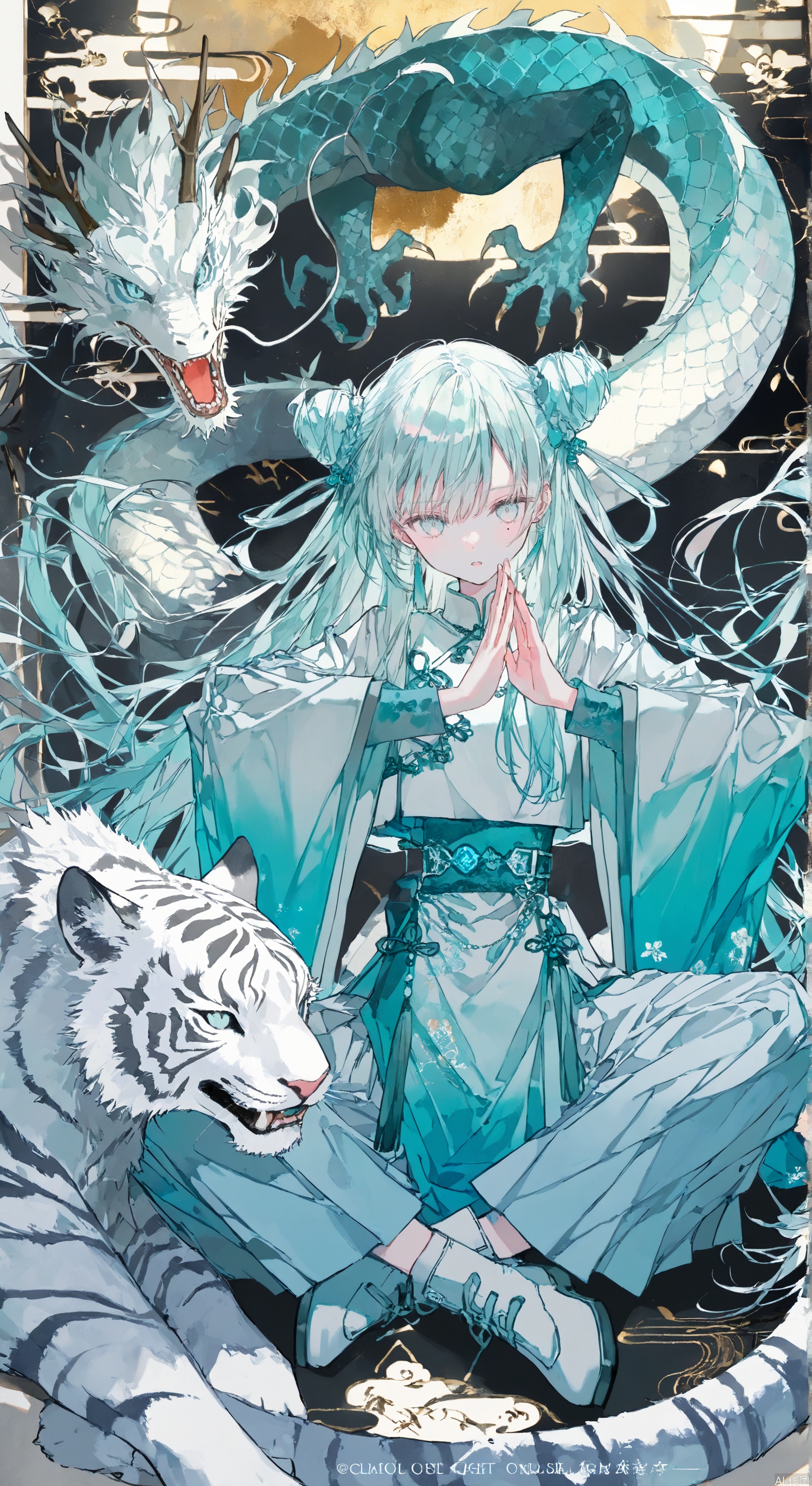 Put your hands together 



(artist:quasarcake:0.8),extreme aesthetic,(wlop:0.6), 
Very long hair, auspicious theme, shut your mouth, masterpiece, extreme aesthetics, best quality, high quality, extremely detailed CG unified 8k wallpaper, extremely detailed, high details, bright colors, official art, Chinese style, anime national style clothes, colorful and complex background, masterpiece, best quality , good quality, latest, very aesthetic, absurd, visual impact, colorful,
1 girl, solo, long hair, double bun, long sleeves, wide sleeves, bun, separate lips, light blue eyes, light blue hair, Chinese zodiac, belt, skirt, Chinese clothing, hands, no watermark, Chinese style, hands together, hands together, Tao,

dragon,Dragon claws, dragon tail, dragon hair,

White tiger, lie down, tiger claws, tiger tail,



. (wanke:0.8),(mon (monmon2133):0.5),(mochizuki kei:0.95), (tira 27:0.7),