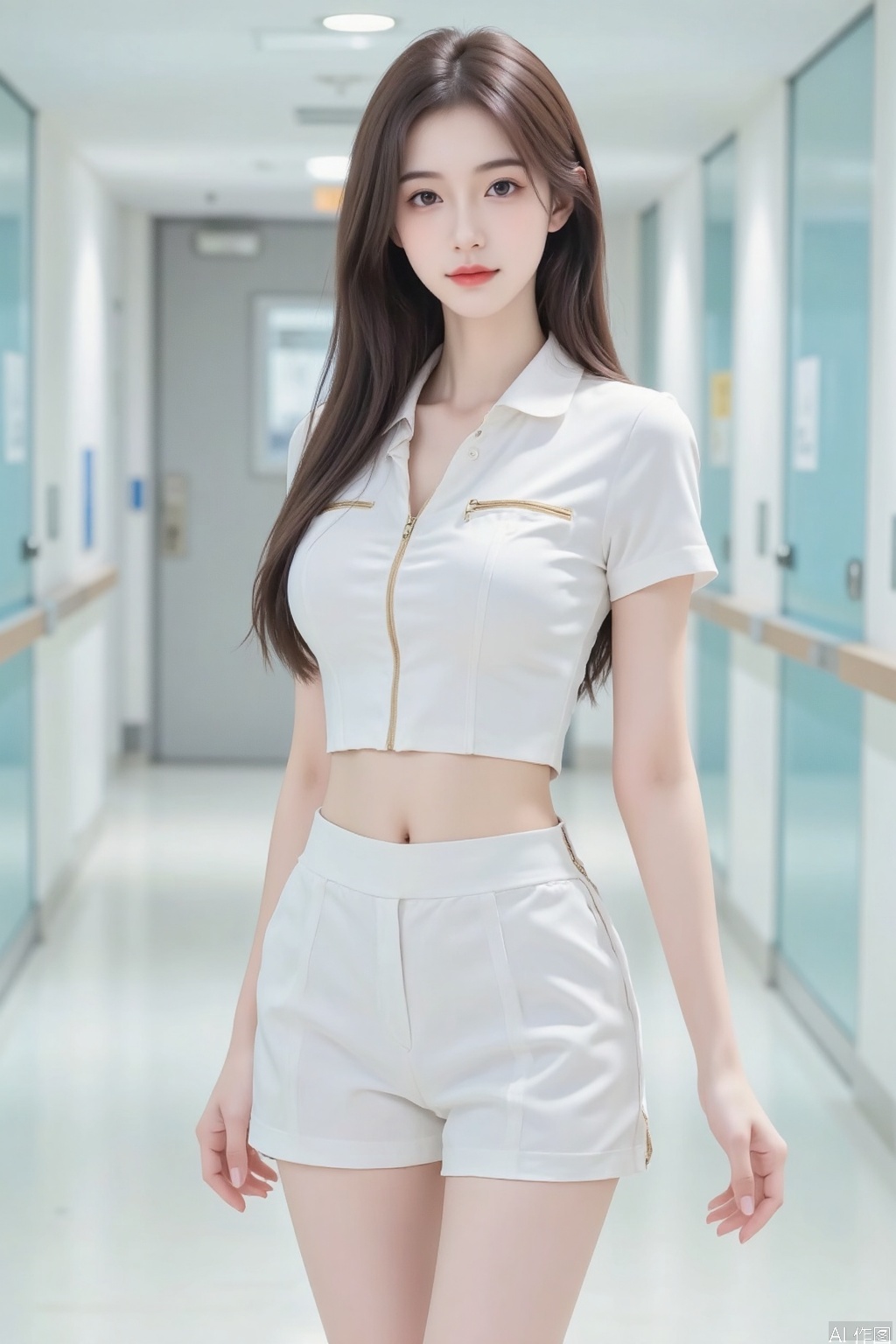 Beautiful lady, you are as beautiful as an angel who has descended on earth, fresh and refined, with soft hair. This is a full-body photo, the overall picture is taken with panoramic shooting, with ultra-high definition picture quality. The background is beautiful and presents a hazy beauty. Your eyes are gentle and clear, wearing a short white nurse's uniform (thin transparent to see the skin), with zippers on the shorts, open crotch (exposed navel and unbuttoned buttons) and standing in the hospital corridor. The picture is bright and warm in color, and the light is soft like Dingdal. The photos are close-ups, with excellent quality, clear details, and studio shots.