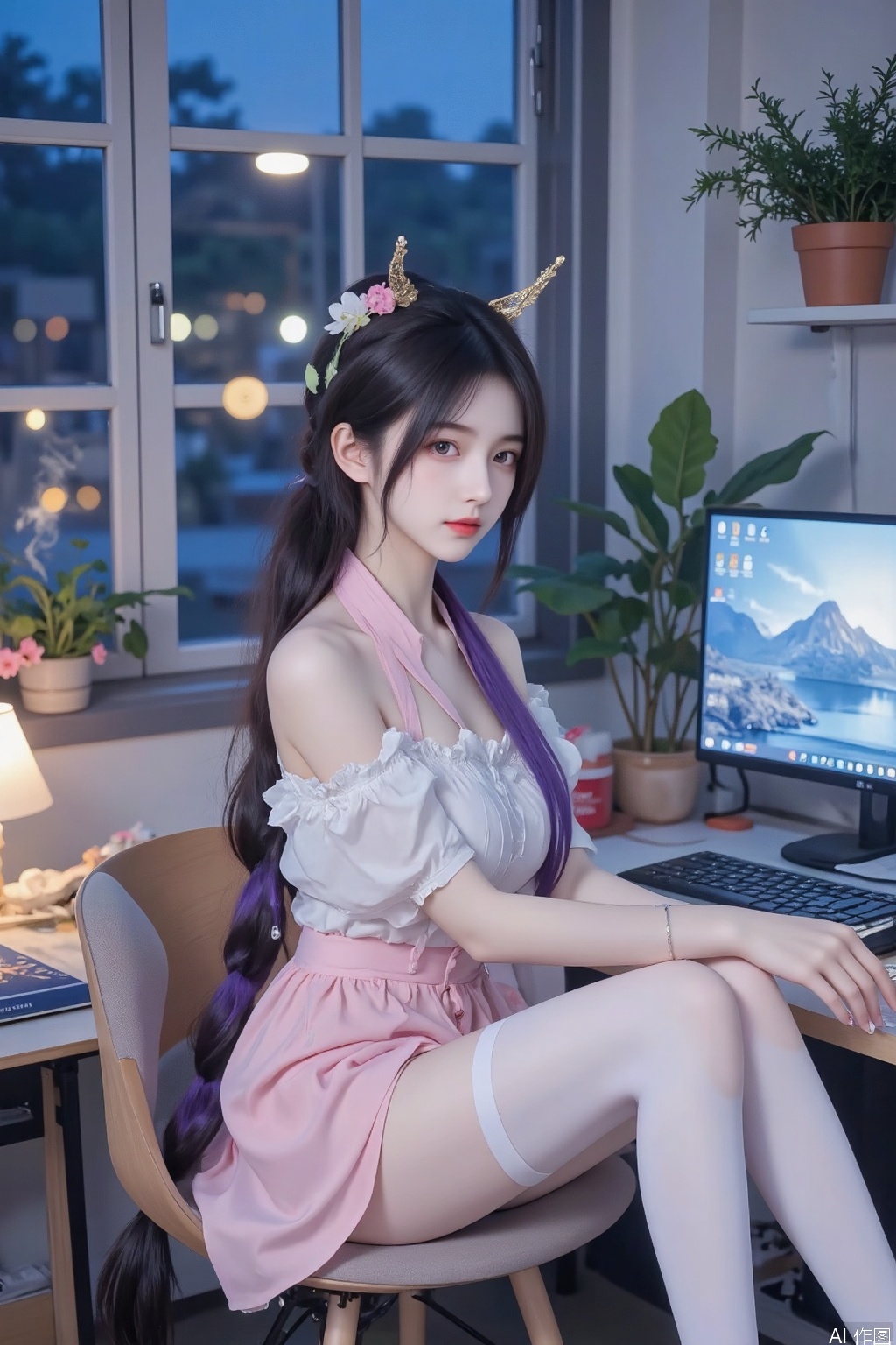 Official art, depth of field, lighting, blurred background, best shadows, shiny skin, cinematic lighting, ray tracing,
amazing, very aesthetics, absurdres, beast quality, detailed, latest, 8K, HDR, masterpiece, best quality, high quality, (color), huge breasts, (black hair: 1.4), (long legs: .3), ((masterpiece)), (((best quality))), (ultra detailed), (best illustration), ( lighting, best shadows), (extremely delicate and beautiful)), (single ponytail high tied: 1.8), (golden halo on top of head: .4), masterpiece, best quality, high quality, loli, overexposed, color, light, fair skin,
//,
realistic,2.5D,photorealistic,
raiden shogun,1girl,long hair,purple hair,thighhighs,looking at viewer,braid,purple eyes,cup,braided ponytail,lamp,monitor,computer,white thighhighs,sitting,indoors,solo,headphones,very long hair,plant,bangs,keyboard \(computer\),hair ornament,looking back,chair,holding,breasts,no shoes,single braid,potted plant,contemporary,flower,alternate costume,controller,shirt,book,food,phone,laptop,table,holding controller,from above,white shirt,blunt bangs,holding game controller,window,hair flower,mug,dress,night,full body,mouse \(computer\),looking at viewer,face focus,eye trail,backlighting,blue theme,depth of field,cinematic lighting,light particles,lens flare,flying debris,dust,smoke,masterpiece,best quality,amazing quality,very aesthetic,absurdres,best quality,newest,(artist:quasarcake:0.8),extreme aesthetic,(wlop:0.9),masterpiece,best quality,good quality,newest,year 2024,year 2023,very aesthetic,absurdres,Visual impact,A shot with tension,ultra-high resolution,32K UHD,sharp focus,best-quality,masterpiece,Emotionalization,unconventional supreme masterpiece,masterful details,temperate atmosphere,with a high-end texture,in  the style of fashion photography,(Visual impact:1.2),giving the poster a dynamic and visually striking appearance,impactful picture,offcial art,colorful,splash of color,movie perspective,