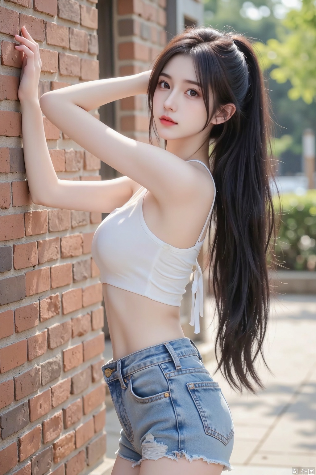 Masterpiece, the best quality, high quality, (colorful) , (huge breasts:1.4),,(black hair:1.331),(long legs:1.331),
Official art, depth of field, lighting, blurred background, best shadows, shiny skin, cinematic lighting, ray tracing,
amazing, very aesthetics, absurdres, beast quality, detailed, latest, 8K, HDR, masterpiece, best quality, high quality, (color), huge breasts (black hair: 1.331), (long legs: 1.331), ((masterpiece)), (((best quality))), (ultra detailed), (best illustration), ( lighting, best shadows), (extremely delicate and beautiful)), (single ponytail high tied: 1.331), (halo:1331),(blue archive),, overexposed, color, light, fair skin
A captivating beauty, with sun-kissed skin and flowing raven-black hair, leans gracefully against a rustic brick wall. She's donning a white, backless **** top that clings to her exceptionally slender waist, revealing a hint of her smooth back. The top is paired with form-fitting denim hot shorts that accentuate her long, toned legs. Her posture, with one leg slightly bent and her arms reaching upwards to touch the wall, exudes a sense of casual elegance. Her head is turned slightly, casting a mysterious glance over her shoulder, lips painted a soft shade of coral.