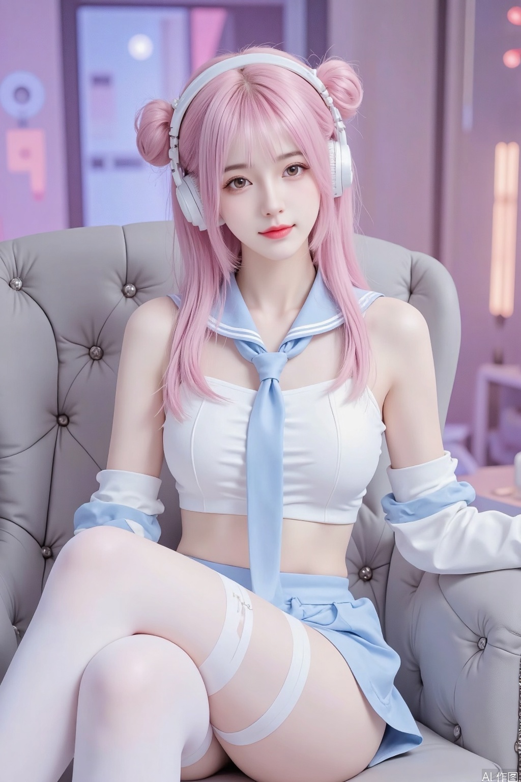masterpiece, best quality, high quality, extremely detailed CG unity 8k wallpaper, extremely detailed, High Detail, vibrant colors, anime style, cover art,(artist:quasarcake:0.8),extreme aesthetic,(wlop:0.6),masterpiece,best quality,good quality,newest,very aesthetic,absurdres,Visual impact,32K UHD,sharp focus,(mogumo:1.1),(good hands, nice hands:0.5),impactful picture,offcial art,
1girl, solo, breasts, looking at viewer, blush, smile, bangs, shirt, red eyes, thighhighs, navel, bare shoulders, medium breasts, sitting, closed mouth, white shirt, pink hair, ahoge, necktie, sleeveless, indoors, virtual youtuber, medium hair, pink eyes, sailor collar, hair bun, white thighhighs, sleeveless shirt, double bun, headphones, garter straps, chair, blue sailor collar, knees up, blue necktie