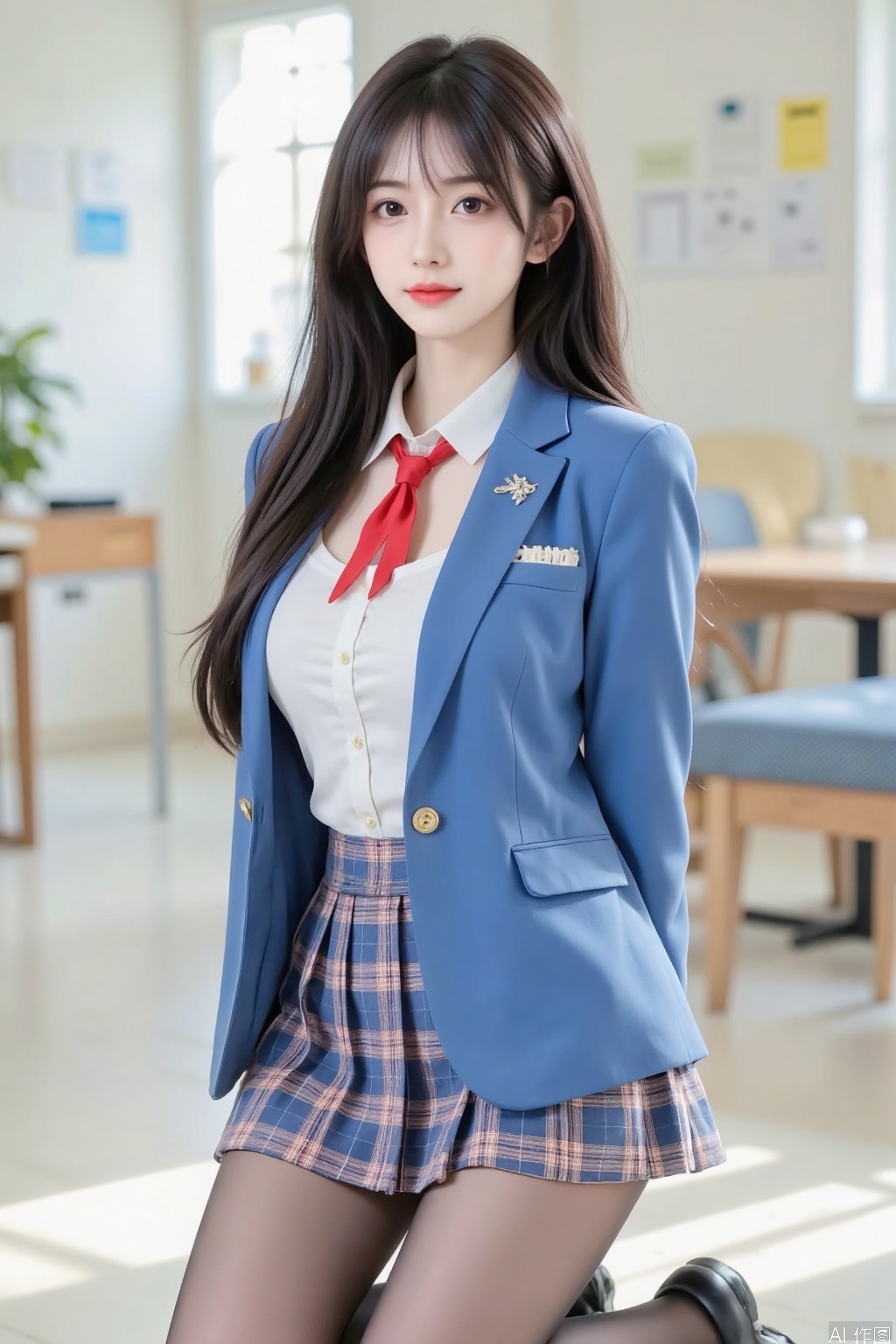 Masterpiece, top quality, high quality, (colorful), small chest, (black hair: 1.4), (long legs 1.4), ,1girl, arms_behind_back, bangs, black_hair, black_legwear, blazer, blue_jacket, blurry, blush, breasts, hair_ornament, heterochromia, jacket, long_hair, long_sleeves, looking_at_viewer, neck_ribbon, pantyhose, plaid, plaid_skirt, pleated_skirt, red_eyes, red_neckwear, red_ribbon, ribbon, school_uniform, shirt, skirt, smile, solo, virtual_youtuber, white_shirt, yellow_eyes,kneeling