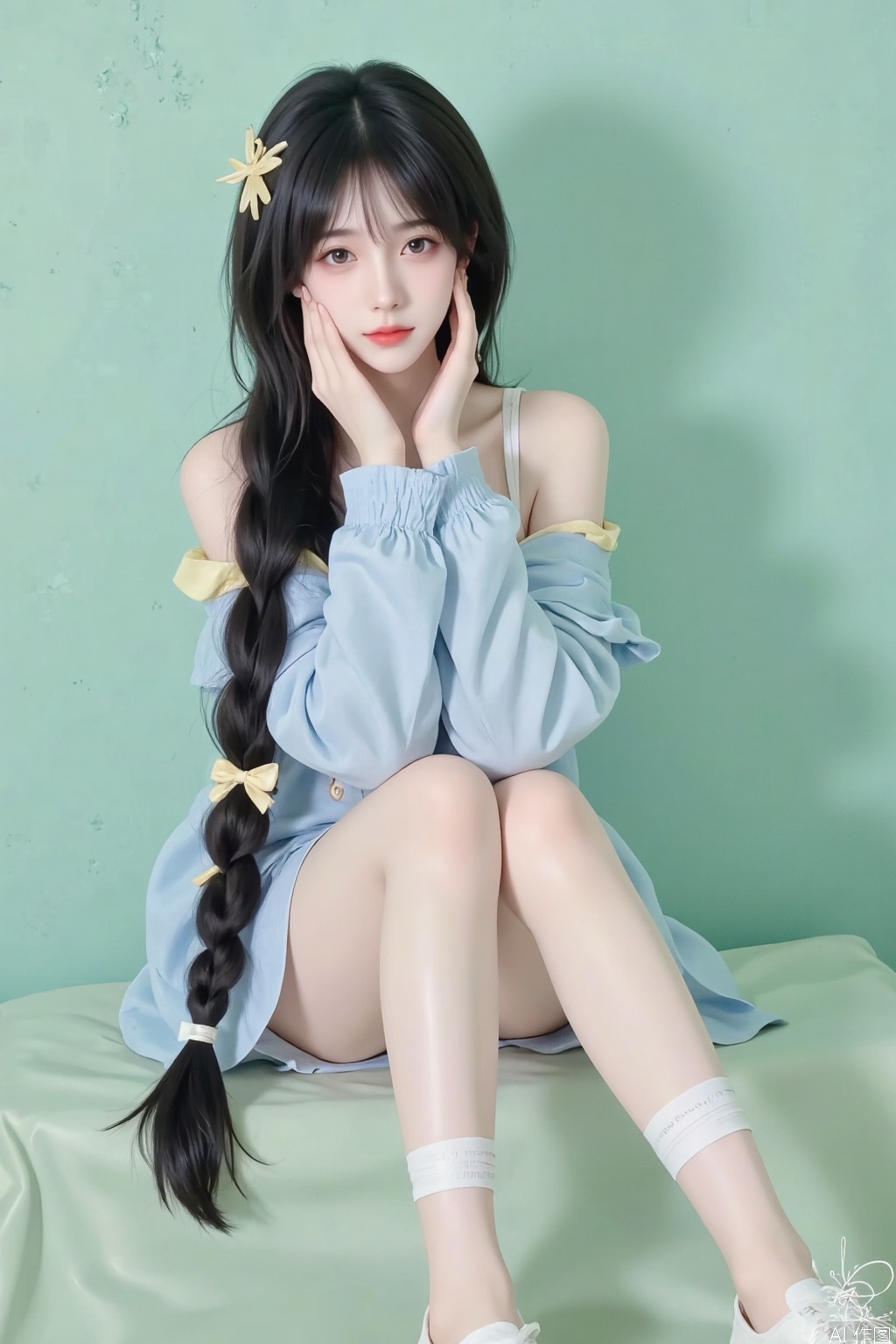 Official art, depth of field, lighting, blurred background, best shadows, shiny skin, cinematic lighting, ray tracing,
amazing, very aesthetics, absurdres, beast quality, detailed, latest, 8K, HDR, masterpiece, best quality, high quality, (color), huge breasts, (black hair: 1.4), (long legs: 1.3), ((masterpiece)), (((best quality))), (ultra detailed), (best illustration), ( lighting, best shadows), (extremely delicate and beautiful)), masterpiece, best quality, high quality, loli, overexposed, color, light, fair skin,
1girl, bandages, bandaid, bandaid_on_arm, bandaid_on_cheek, bandaid_on_face, bandaid_on_hand, bandaid_on_knee, bandaid_on_leg, bangs, blue_eyes, blue_shorts, blush, bow, braid, closed_mouth, crossed_bandaids, hair_ornament, hands_on_own_cheeks, hands_on_own_face, jacket, knees_up, long_hair, long_sleeves, looking_at_viewer, shoes, short_shorts, shorts, green_background, sitting, sleeves_past_wrists, solo, tears, twin_braids, very_long_hair, white_background