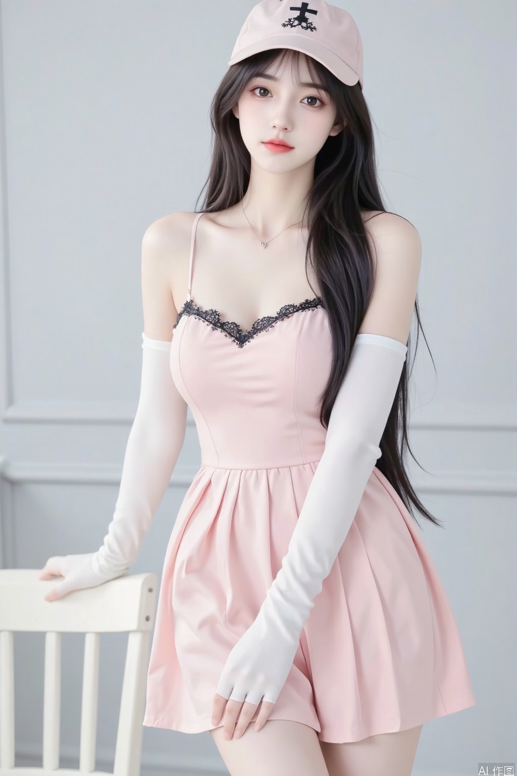The image is a highly detailed, realistic CGI illustration featuring a young Asian woman with long, straight black hair and fair skin. She stands against a plain, light grey background, giving the scene a minimalist aesthetic. She wears a light pink, sleeveless dress with a black trim and small black polka dots, accentuating her slim figure. The dress hugs her curves, highlighting her small breasts and narrow waist. She also wears a matching pink cap with a black cross on top, adding a playful touch. Her attire is complemented by white, ribbed, long fingerless gloves that cover her forearms and a delicate, heart-shaped necklace. She stands with one hand resting on a white chair to her left, adding a sense of balance to her pose. The chair is positioned slightly off-center, drawing attention to her. The overall composition and lighting emphasize her delicate features and the softness of her attire, creating a serene yet playful atmosphere. The image captures her youthful innocence and subtle sensuality.,1girl,huge Breasts,large natural breast,soft breasts