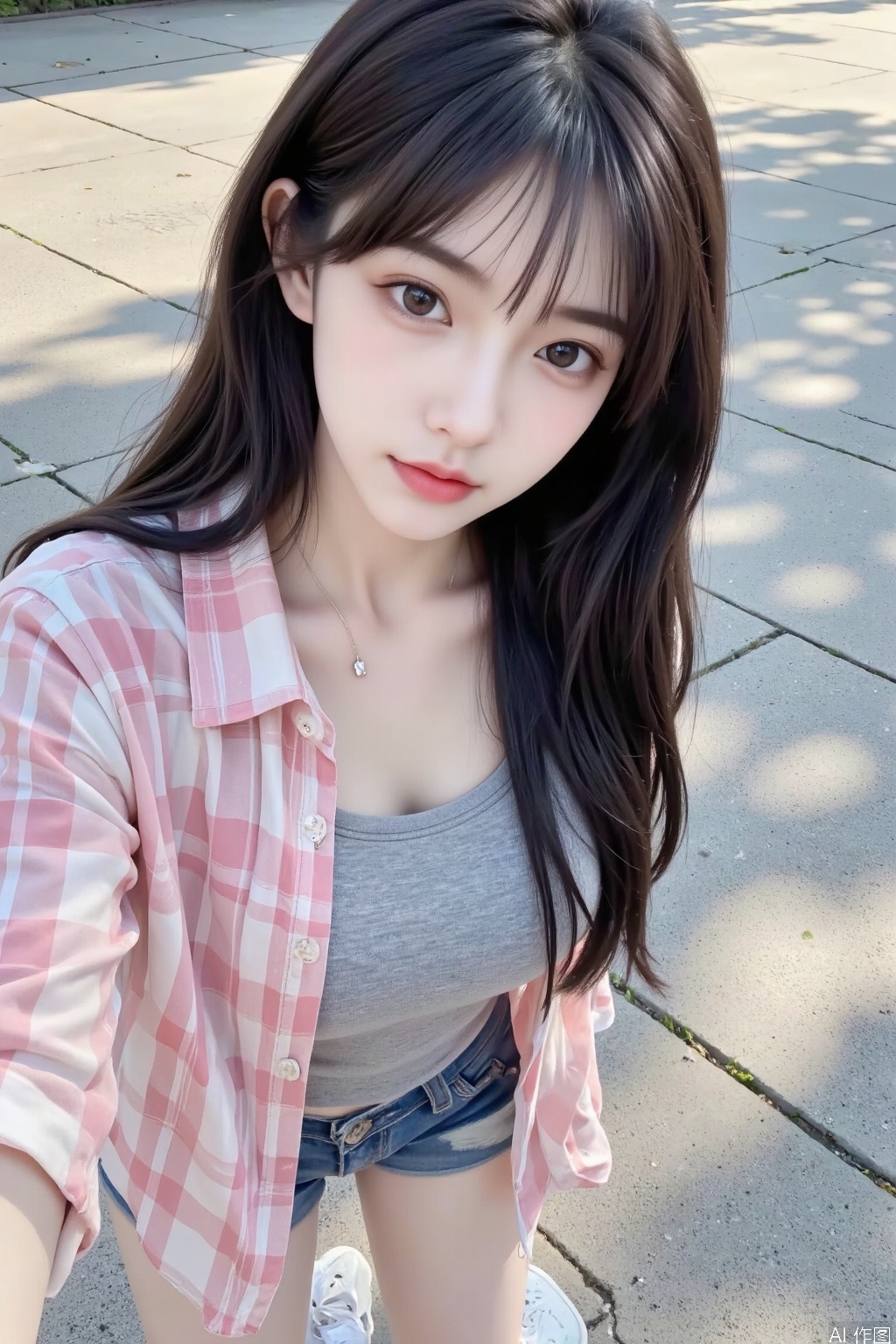 Masterpiece, the best quality, high quality, (colorful) , big breasts,,(black hair:1.4),(long legs:1.3),Masterpiece, the best quality, high quality, (colorful) , big breasts,,(long legs:1.3),This is a photograph of a young Asian woman taking a selfie outdoors. She has fair skin, long straight brown hair with bangs, and is wearing light makeup with pink lipstick. She is dressed casually in a gray t-shirt, denim shorts, and white sneakers. Over her t-shirt, she wears an unbuttoned pink and white plaid shirt. She has a pendant necklace with a small pendant. The background shows a concrete pavement with shadows, indicating natural lighting. The image is well-lit with bright sunlight, casting clear shadows.