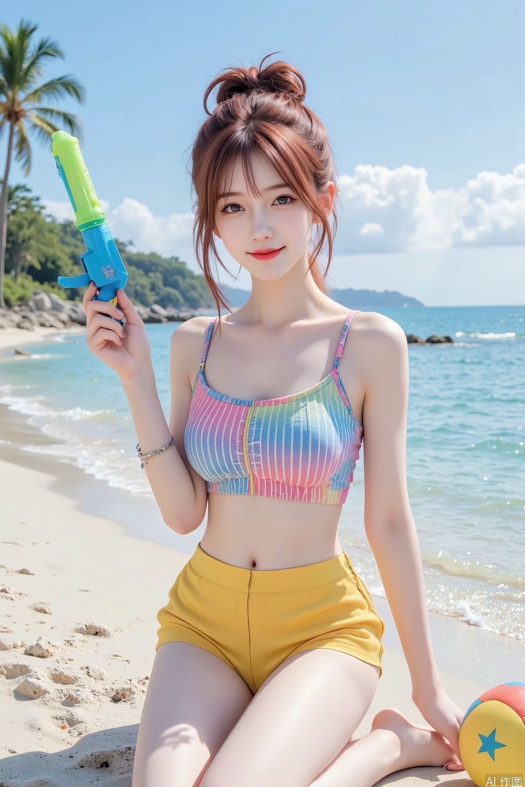 Masterpiece, best quality, high quality, (colorful), large breasts,(((Rainbow hair))), 1girl, solo, looking at viewer, smile, short hair, bangs, blue eyes, navel, holding, hair between eyes, jewelry, swimsuit, full body, ahoge, red hair, one eye closed, open clothes, sky, shorts, sleeveless, cloud, hair bun, star \(symbol\), grin, vest, bracelet, tree, strapless, double bun, beach, sandals, ball, palm tree, beachball, water gun, yellow shorts, flip-flops, holding water gun
.(all body)
(Show whole body),(all body),(artist:quasarcake:0.8),extreme aesthetic,(wlop:0.6),masterpiece,best quality,good quality,newest,very aesthetic,absurdres,Visual impact,A shot with tension, ultra-high resolution,32K UHD,sharp focus,best-quality,masterpiece,Emotionalization,unconventional supreme masterpiece,masterful details,temperate atmosphere,with a high-end texture,in the style of fashion photography, (Visual impact:1.2),visually striking appearance,impactful picture,offcial art,colorful,splash of color,movie perspective, masterpiece,best quality,amazing quality,very aesthetic,absurdres,best quality,newest,kneeling