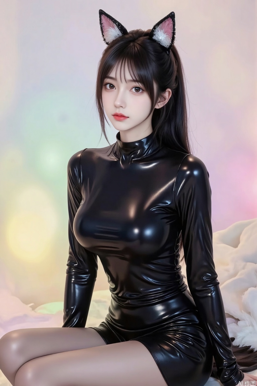 Masterpiece, best quality, high quality, (colorful), large breasts, (black hair: 1.4), (long legs 1.5),1girl, solo, long hair, breasts, looking at viewer, bangs, black hair,  huge breasts, kneeling, very long hair, closed mouth, full body, ponytail, shiny,, lips, grey eyes, bodysuit, fake animal ears, skin tight, shiny clothes, black bodysuit, latex, latex bodysuit