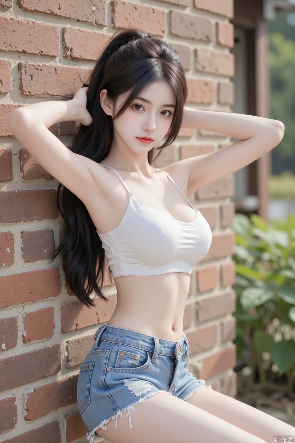 Masterpiece, the best quality, high quality, (colorful) , (huge breasts:1.4),,(black hair:1.331),(long legs:1.331),
Official art, depth of field, lighting, blurred background, best shadows, shiny skin, cinematic lighting, ray tracing,
amazing, very aesthetics, absurdres, beast quality, detailed, latest, 8K, HDR, masterpiece, best quality, high quality, (color), huge breasts (black hair: 1.331), (long legs: 1.331), ((masterpiece)), (((best quality))), (ultra detailed), (best illustration), ( lighting, best shadows), (extremely delicate and beautiful)), (single ponytail high tied: 1.331), (halo:1331),(blue archive),, overexposed, color, light, fair skin
A captivating beauty, with sun-kissed skin and flowing raven-black hair, leans gracefully against a rustic brick wall. She's donning a white, backless **** top that clings to her exceptionally slender waist, revealing a hint of her smooth back. The top is paired with form-fitting denim hot shorts that accentuate her long, toned legs. Her posture, with one leg slightly bent and her arms reaching upwards to touch the wall, exudes a sense of casual elegance. Her head is turned slightly, casting a mysterious glance over her shoulder, lips painted a soft shade of coral.