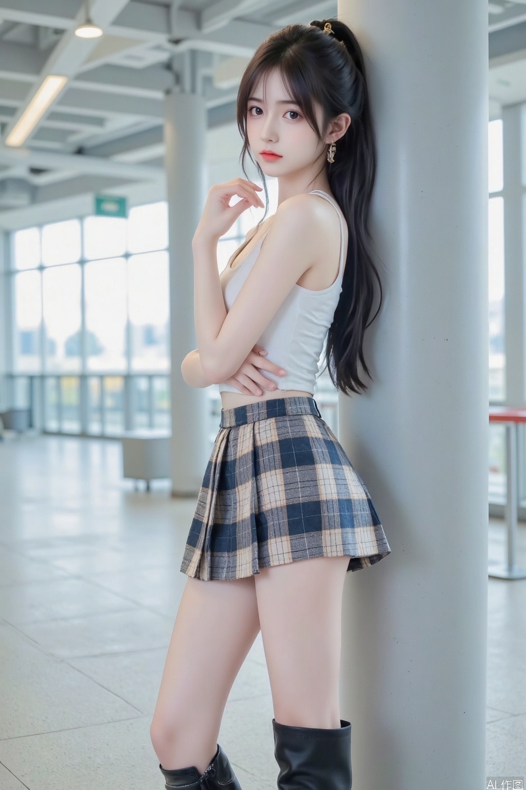Official art, depth of field, lighting, blurred background, best shadows, shiny skin, cinematic lighting, ray tracing,
amazing, very aesthetics, absurdres, beast quality, detailed, latest, 8K, HDR, masterpiece, best quality, high quality, (color), （huge breasts：1.4）, (black hair: 1.4), (long legs: .3), ((masterpiece)), (((best quality))), (ultra detailed), (best illustration), ( lighting, best shadows), (extremely delicate and beautiful)), (single ponytail high tied: 1.8), (golden halo on top of head: .4), masterpiece, best quality, high quality, loli, overexposed, color, light, fair skin,
//,
An Asian woman with a sleek, shoulder-length brown hairstyle is captured in a half-body shot. Her outfit features a tight, plaid miniskirt that accentuates her toned thighs. She accessorizes with a pair of stylish platform boots, giving her a confident look. Leaning against a pillar with a hand on her chin and a look of annoyance, she looks directly at the viewer. The composition is shot from a diagonal angle, emphasizing her posture and the airport's modern design in the background.,xs
//,
very aesthetic,absurdres,newest,masterpiece,safe,amazing quality,(aestivation:2.4),(nasii:0.4),(toosaka asagi:0.4),(atdan:0.4),(iumu:0.72),(wlop:0.72),96YOTTEA,Konya Karasue,omone_hokoma_agm,
//,
official art,depth of field,detailed light,blurry background,best shadow,shiny skin,cinematic lighting,ray tracing,
amazing quality,very aesthetic,absurdres,beast quality,ultra detailed,newest,8K,HDR,