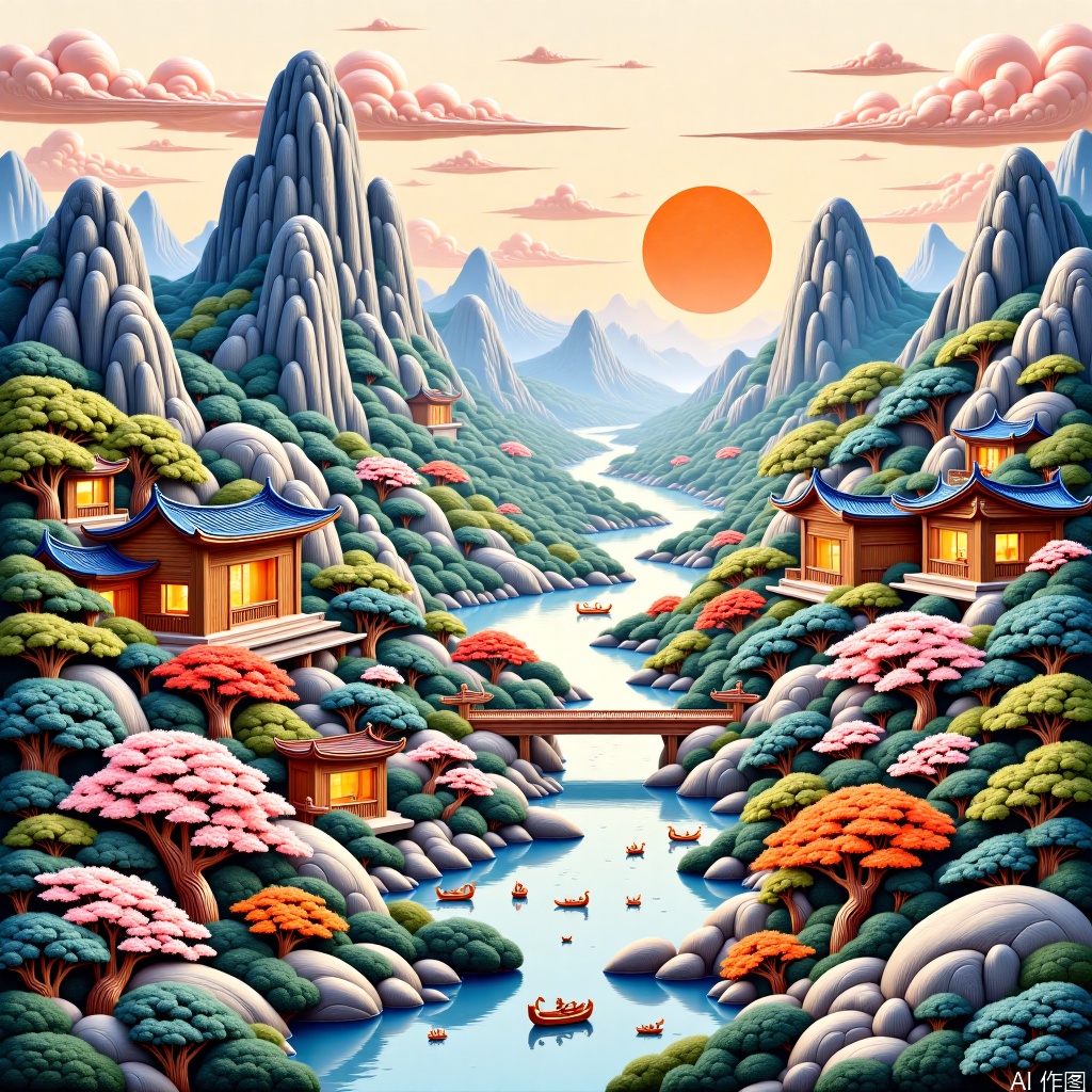 r,Chinese painting in landscape style,Dopamine city