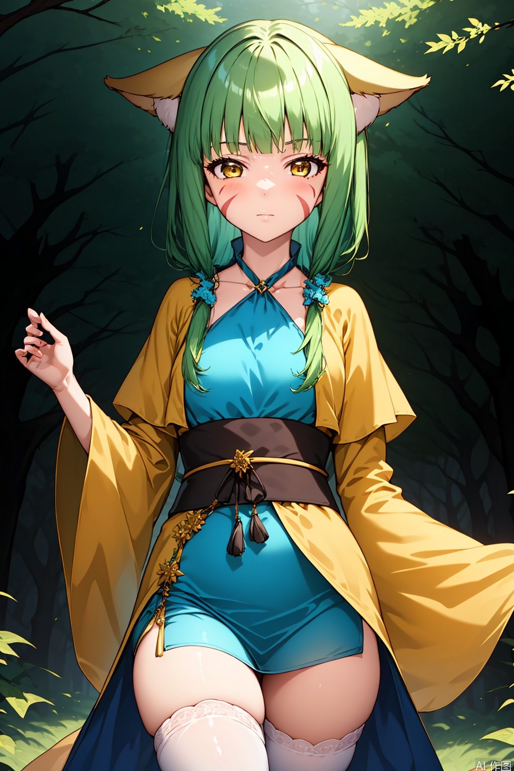 1girl, solo, tushanrongrong, brown eyes, green hair, facial mark, animal ears, yellow robe, frilled sleeves, halterneck, sash, blue dress,,,Forest,Thigh exposed,thighhighs,upper body,looking at viewer,