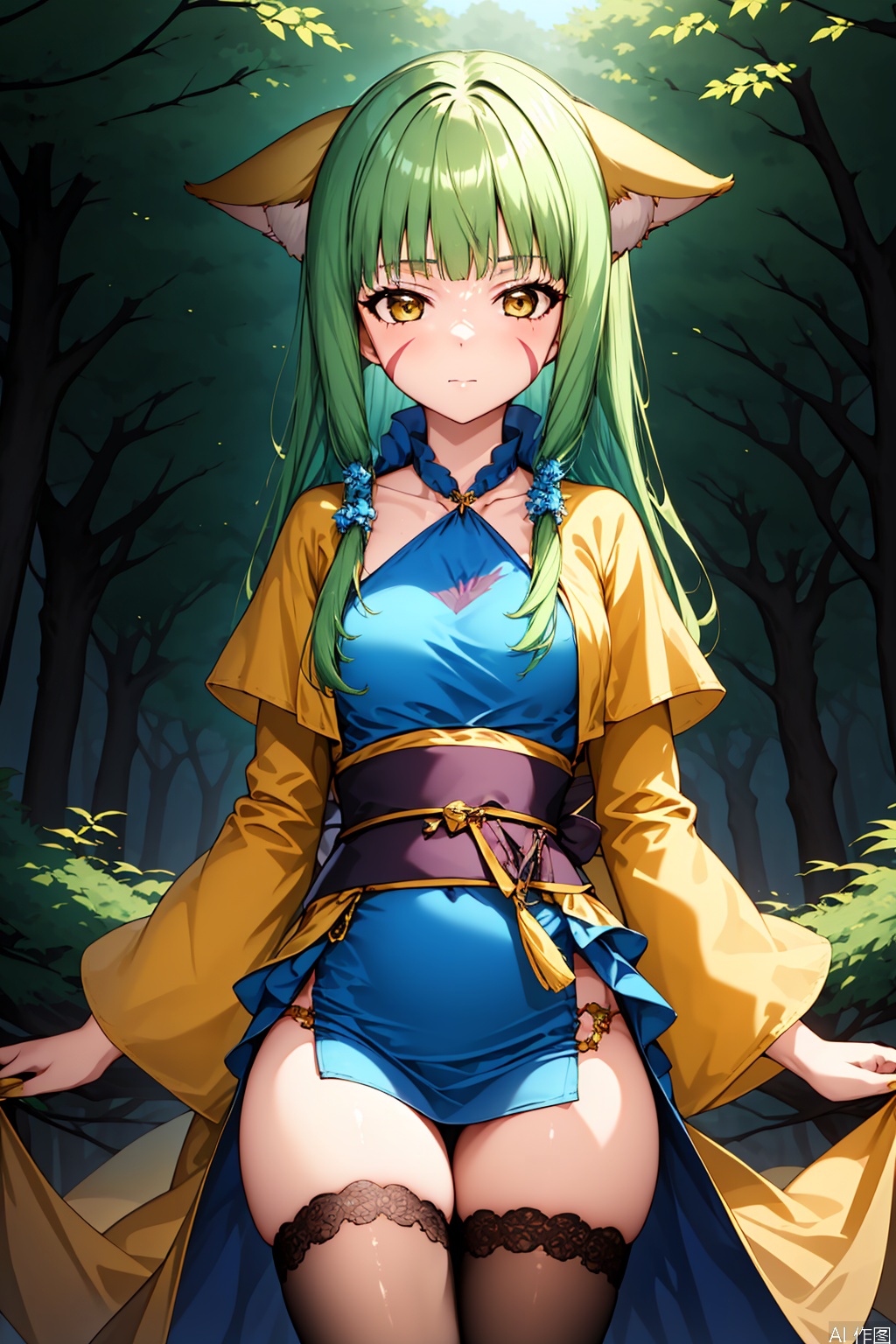 1girl, solo, tushanrongrong, brown eyes, green hair, facial mark, animal ears, yellow robe, frilled sleeves, halterneck, sash, blue dress,,,Forest,Thigh exposed,thighhighs,upper body,looking at viewer,