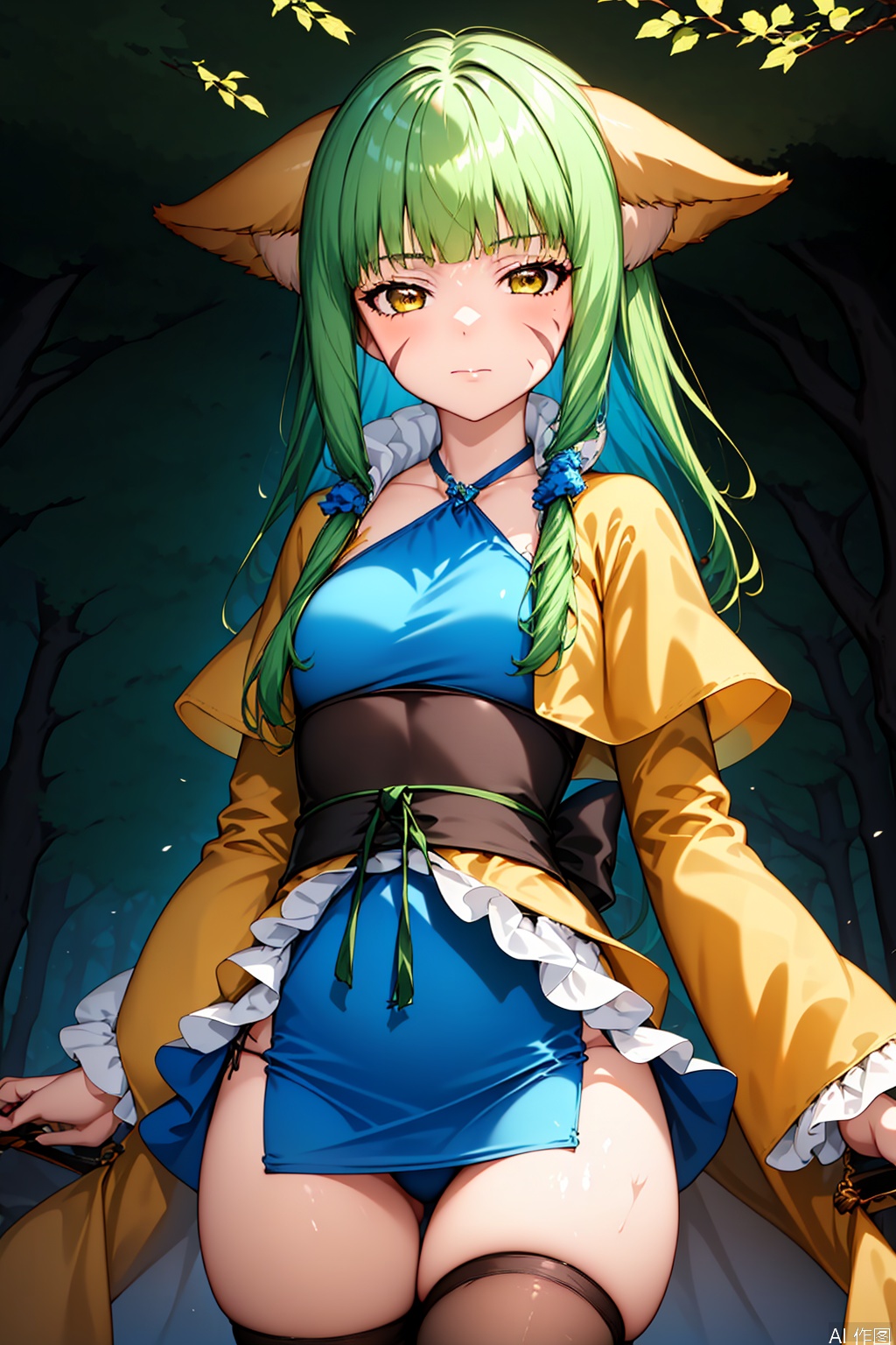 1girl, solo, tushanrongrong, brown eyes, green hair, facial mark, animal ears, yellow robe, frilled sleeves, halterneck, sash, blue dress,,,Forest,Thigh exposed,thighhighs,upper body,looking at viewer,