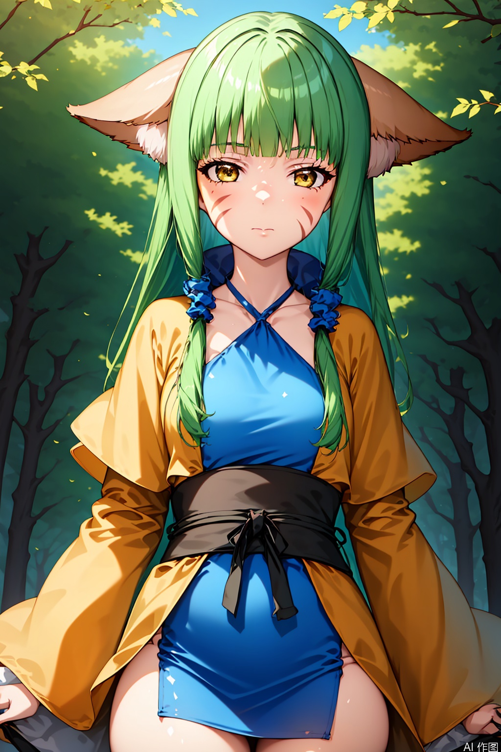 1girl, solo, tushanrongrong, brown eyes, green hair, facial mark, animal ears, yellow robe, frilled sleeves, halterneck, sash, blue dress,,,Forest,Thigh exposed,thighhighs,upper body,looking at viewer,