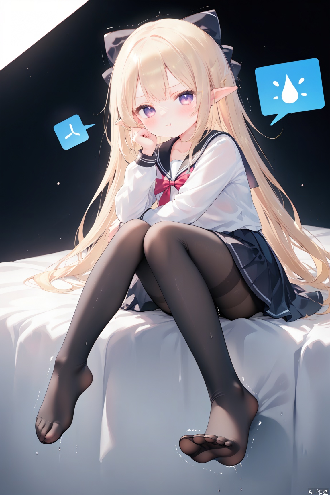 1girl, long hair,solo,hair bow, bow, blonde hair, long hair, pointy ears,Purple eyes,good work, (best quality), illustration, depth of field, (color), 
masterpiece, best quality, petite, cute, loli, kawaii, 
1 girl, solo, looking at viewer, blush, skirt, 
black background, long sleeves, white background, sitting, 
closed mouth, school uniform, full body, white shirt, 
pantyhose, pleated skirt, serafuku, black skirt, sailor collar, 
feet, from side, legs, toes, no shoes, black pantyhose, 
thighband pantyhose, black sailor collar, sitting, soles, 
foot focus, knees_together, trembling, pout, wet