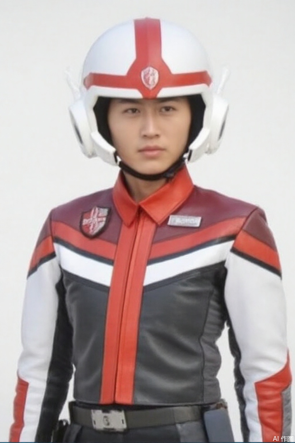 masterpiece, best quality,solo,(white background:1.2),simple background,
looking at viewer,DASH,white jacket,collar,belt,logo,uniform,emblem,white jacket with red line,gloves,pants