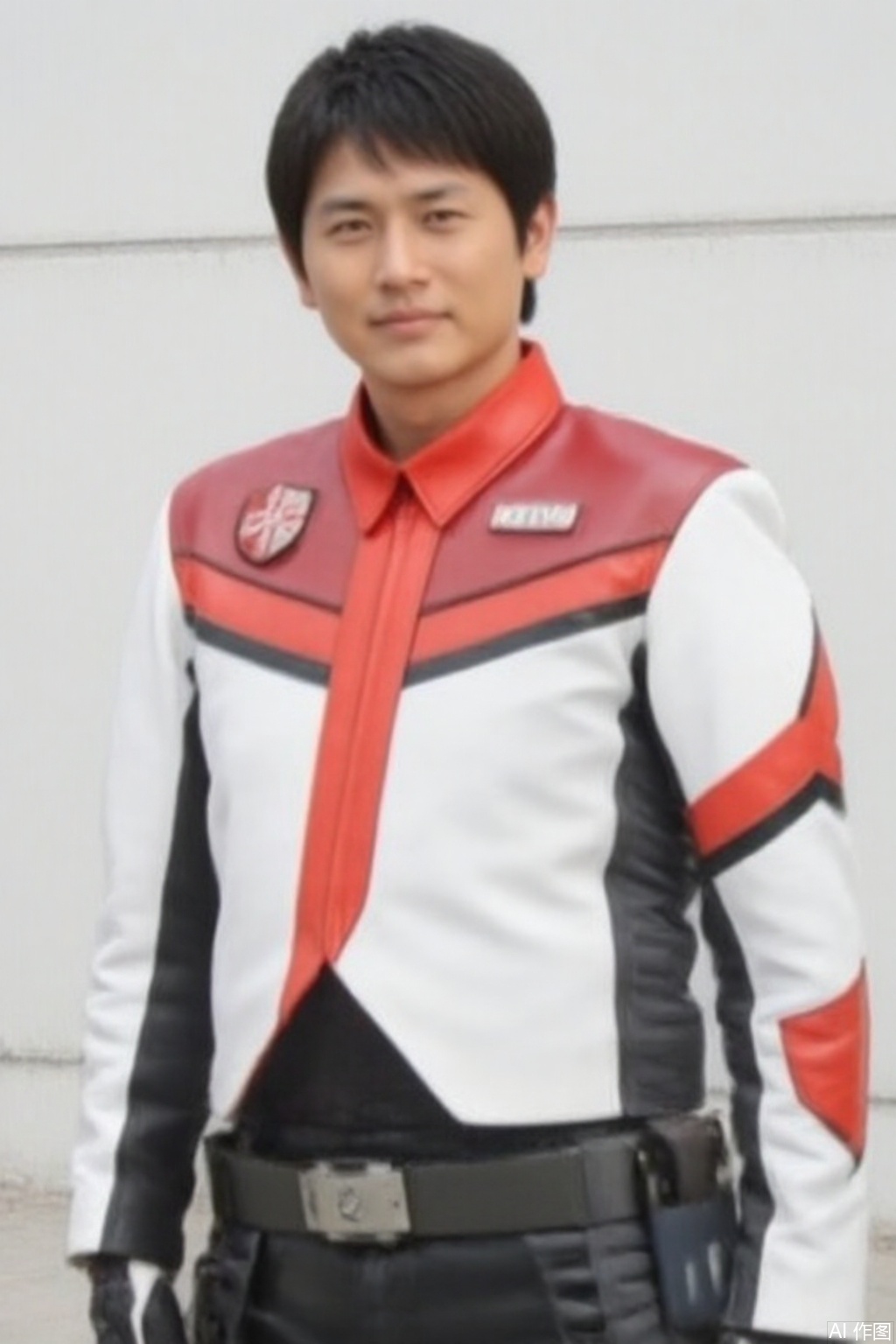masterpiece, best quality,solo,(white background:1.2),simple background,
looking at viewer,DASH,white jacket,collar,belt,logo,uniform,emblem,white jacket with red line,gloves,pants