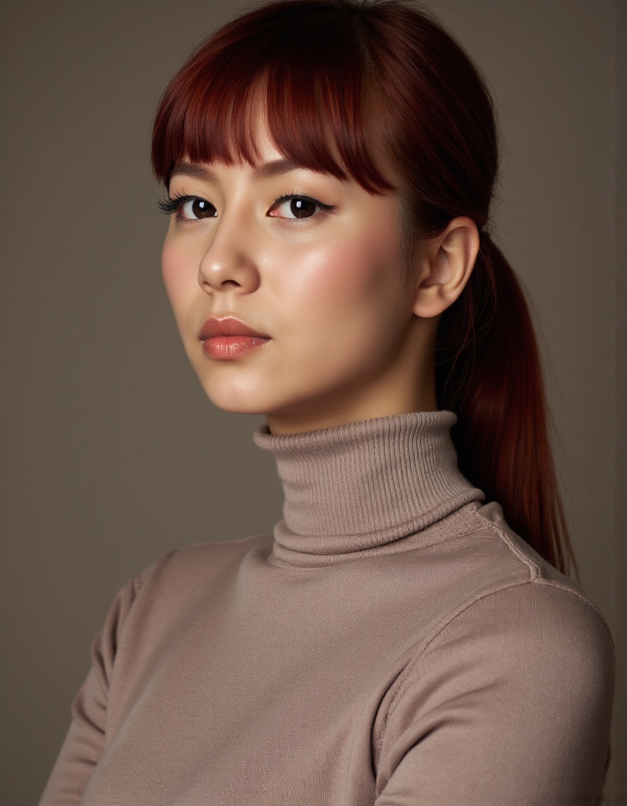 A close-up editorial fashion portrait of AppleAng,  a young female model,  tightly framed to include only her face on Tens...