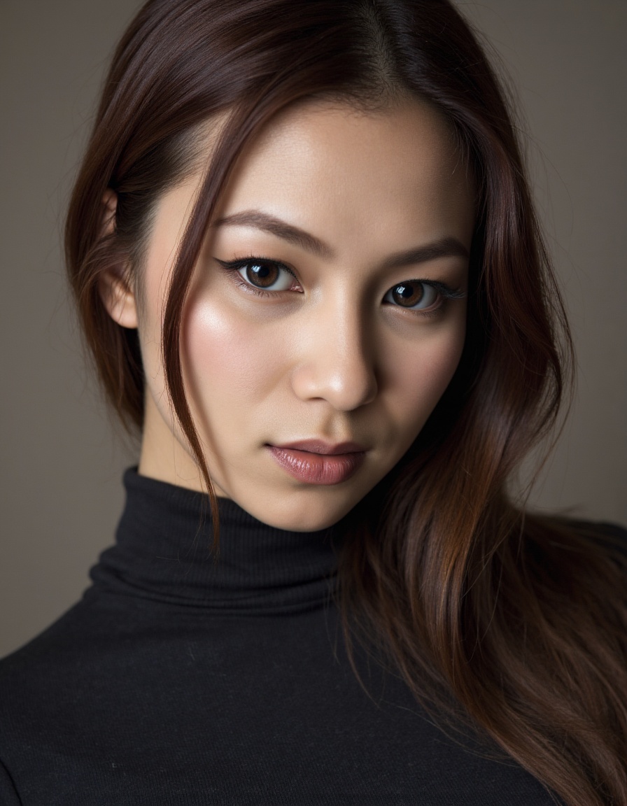 A close-up editorial fashion portrait of AppleAng,  a young female model,  tightly framed to include only her face on Tens...