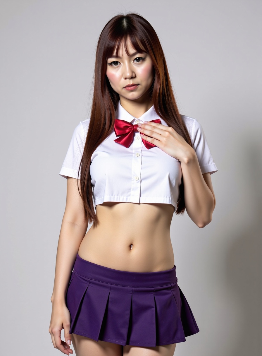 photorealistic portrait of AppleAng,  a ravishing young woman poised in a photoshoot studio,  her elegance captured in a p...