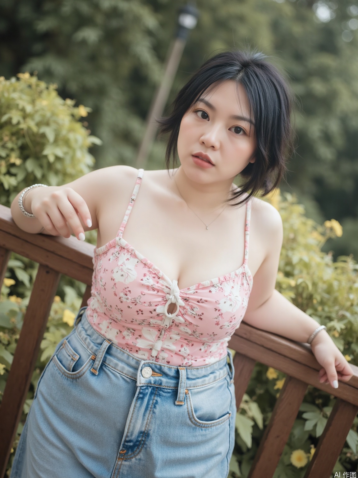 black hair, blurry, blurry background, breasts, cleavage, denim, depth of field, jeans, lips, medium breasts, multiple girls, pants, photo \(medium\), realistic, short hair,
