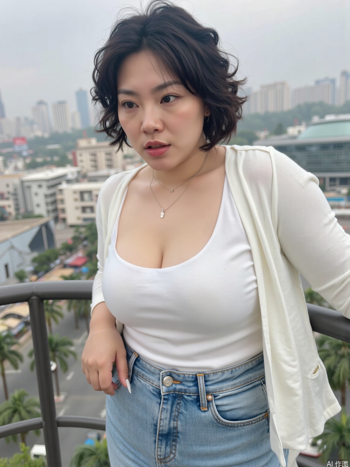 black hair, blurry, blurry background, breasts, cleavage, denim, depth of field, jeans, lips, medium breasts, multiple girls, pants, photo \(medium\), realistic, short hair,
