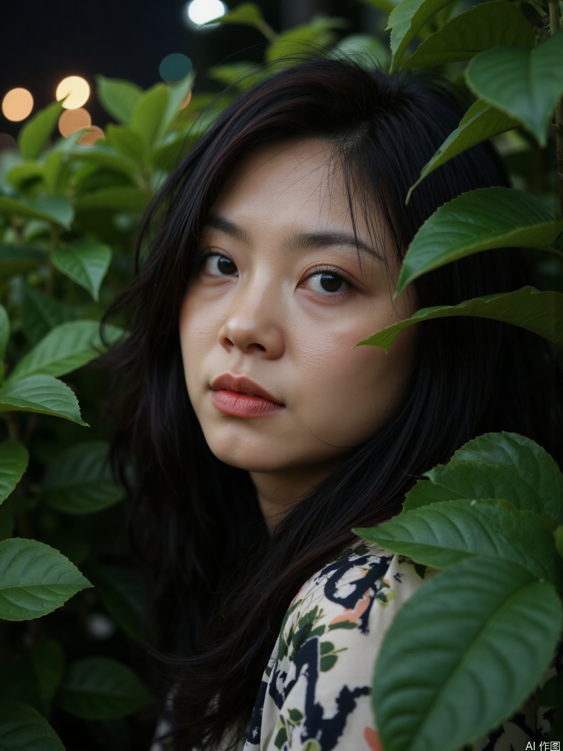 (RAW photo, 4k, realistic, exquisitely detailed skin),masterpiece,best quality,unity 8k wallpaper,ultra detailed,cinematic look,natural skin texture,extremely realistic skin texture,finely detailed face,(film grain:1.2),cinematic angle,Fujifilm XT3,,(highlydetailed),(bright scene),(A serene portrait of a stunning woman, gazing directly into the lens with an air of detachment, her piercing eyes seemingly oblivious to the viewer's presence. Soft, natural lighting casts a warm glow on her porcelain skin, while her raven tresses cascade down her back like a waterfall of night. Her lips, painted a subtle crimson, curve into a gentle, enigmatic smile, hinting at secrets kept behind an impenetrable facade.),(detailed lighting),(contrast),(mysterious atmosphere),,vivid illumination,,masterful technique,,harmonious composition,,immersive atmosphere,,stunning visuals,The bold emblazoned words SUNSHINE amidst lush greenery create a striking visual counterpoint to her melancholic expression, bathed in the soft glow of street lamps.