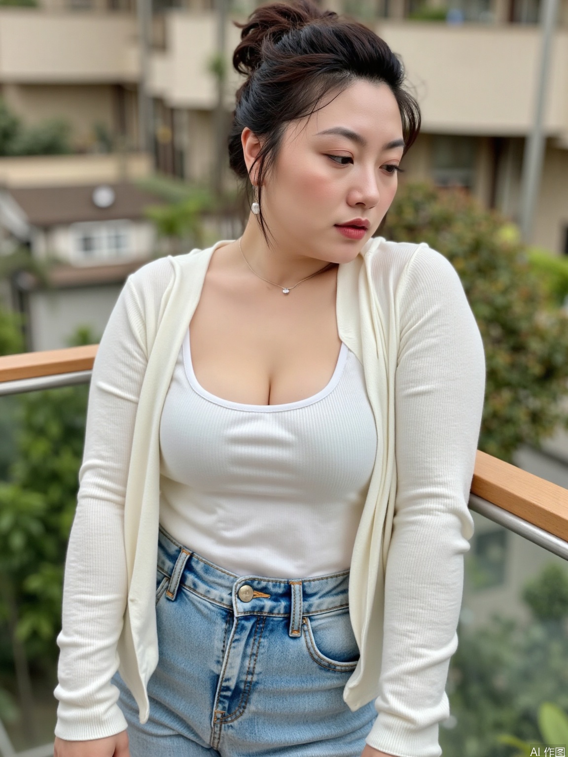 black hair, blurry, blurry background, breasts, cleavage, denim, depth of field, jeans, lips, medium breasts, multiple girls, pants, photo \(medium\), realistic, short hair,
