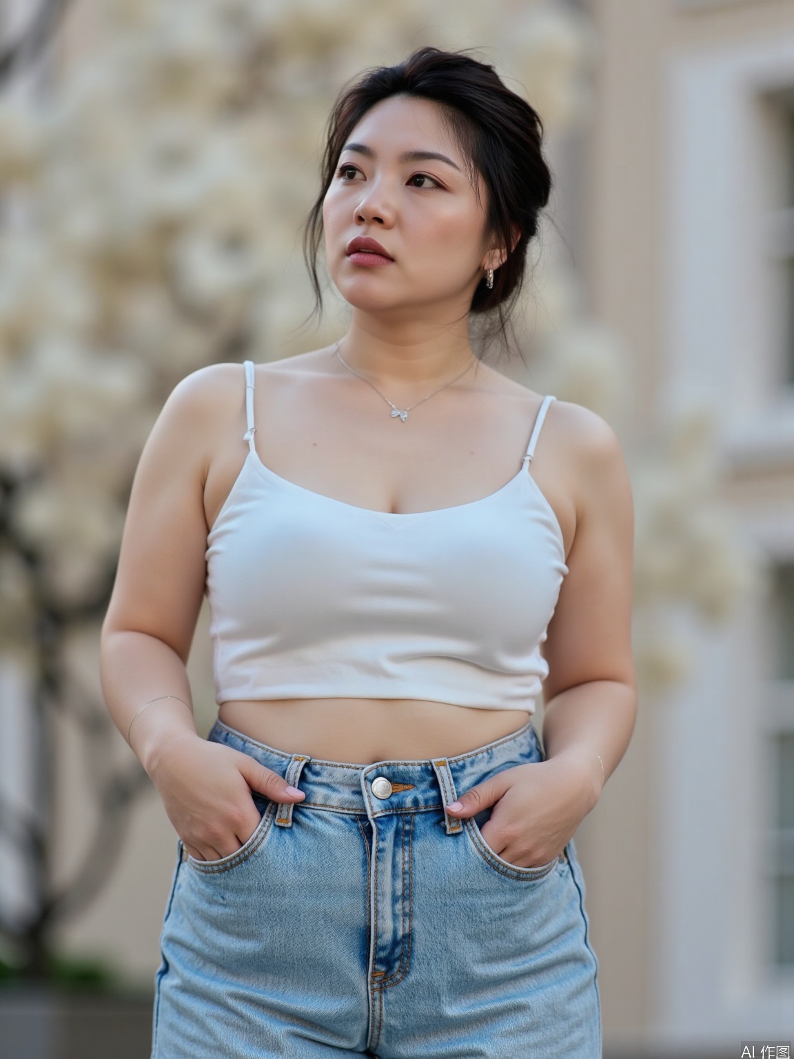black hair, blurry, blurry background, breasts, cleavage, denim, depth of field, jeans, lips, medium breasts, multiple girls, pants, photo \(medium\), realistic, short hair,
