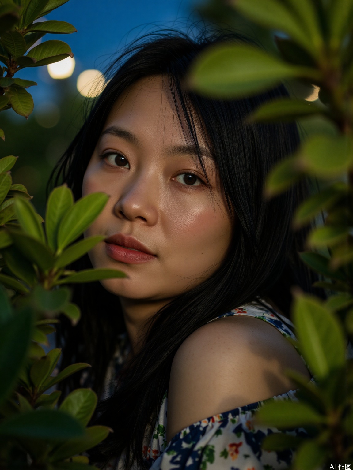 (RAW photo, 4k, realistic, exquisitely detailed skin),masterpiece,best quality,unity 8k wallpaper,ultra detailed,cinematic look,natural skin texture,extremely realistic skin texture,finely detailed face,(film grain:1.2),cinematic angle,Fujifilm XT3,,(highlydetailed),(bright scene),(A serene portrait of a stunning woman, gazing directly into the lens with an air of detachment, her piercing eyes seemingly oblivious to the viewer's presence. Soft, natural lighting casts a warm glow on her porcelain skin, while her raven tresses cascade down her back like a waterfall of night. Her lips, painted a subtle crimson, curve into a gentle, enigmatic smile, hinting at secrets kept behind an impenetrable facade.),(detailed lighting),(contrast),(mysterious atmosphere),,vivid illumination,,masterful technique,,harmonious composition,,immersive atmosphere,,stunning visuals,The bold emblazoned words SUNSHINE amidst lush greenery create a striking visual counterpoint to her melancholic expression, bathed in the soft glow of street lamps.