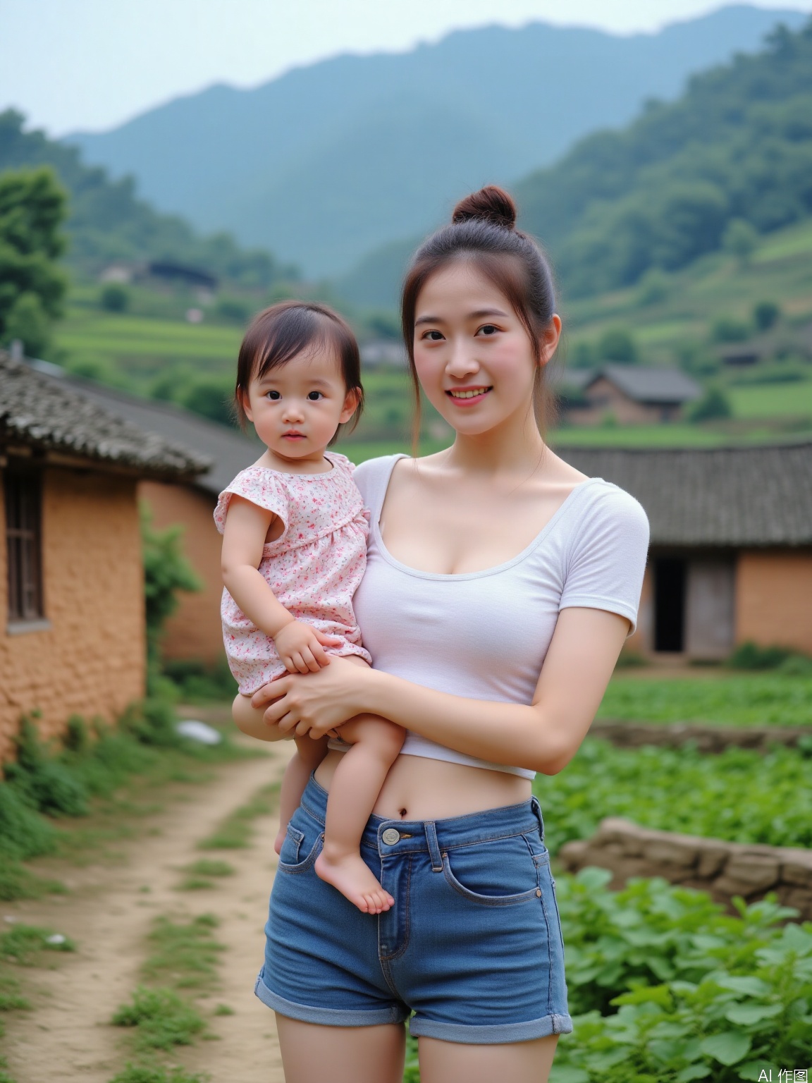 The image shows a young woman wearing a white undershirt and denim shorts, holding a small child dressed in a floral dress. They are standing outdoors, with a blurred background of green hills and traditional-style buildings. The woman has her hair tied up in a bun, and the child appears to be barefoot. The setting suggests a rural or countryside environment.

