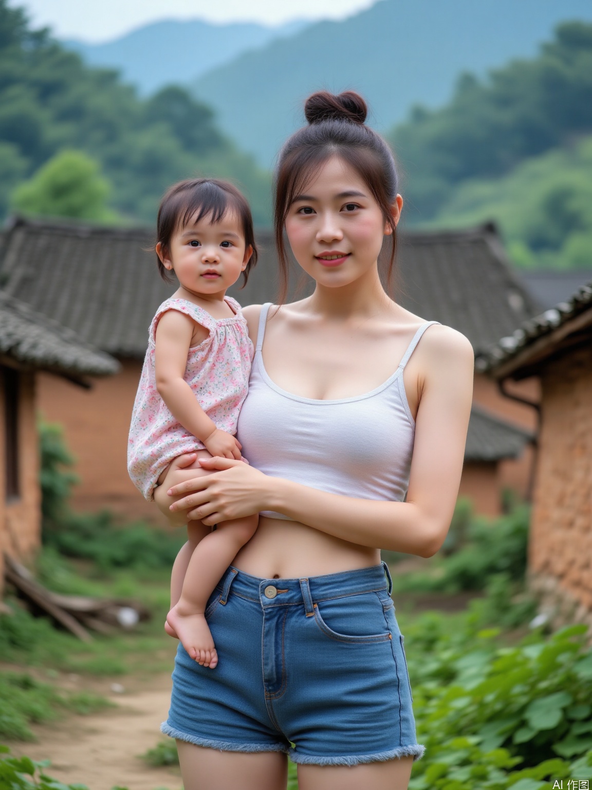 The image shows a young woman wearing a white undershirt and denim shorts, holding a small child dressed in a floral dress. They are standing outdoors, with a blurred background of green hills and traditional-style buildings. The woman has her hair tied up in a bun, and the child appears to be barefoot. The setting suggests a rural or countryside environment.
