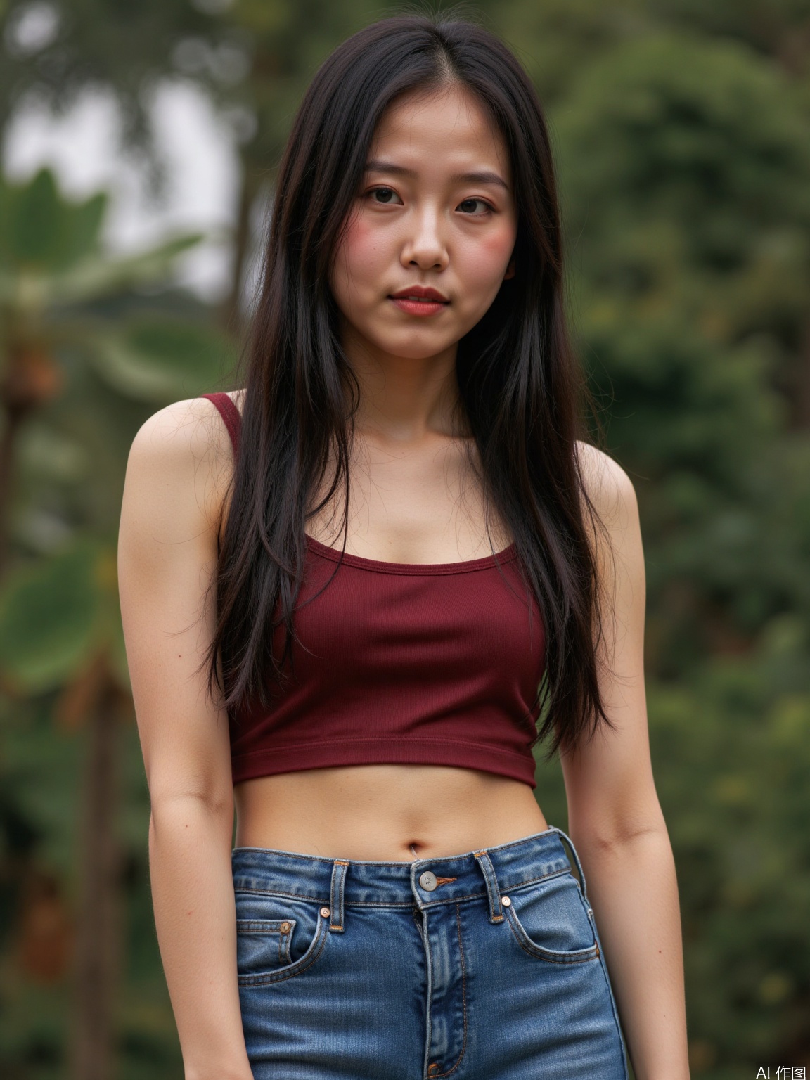 black hair, blurry, blurry background, breasts, cleavage, denim, depth of field, jeans, lips, medium breasts, multiple girls, pants, photo \(medium\), realistic, long hair,
