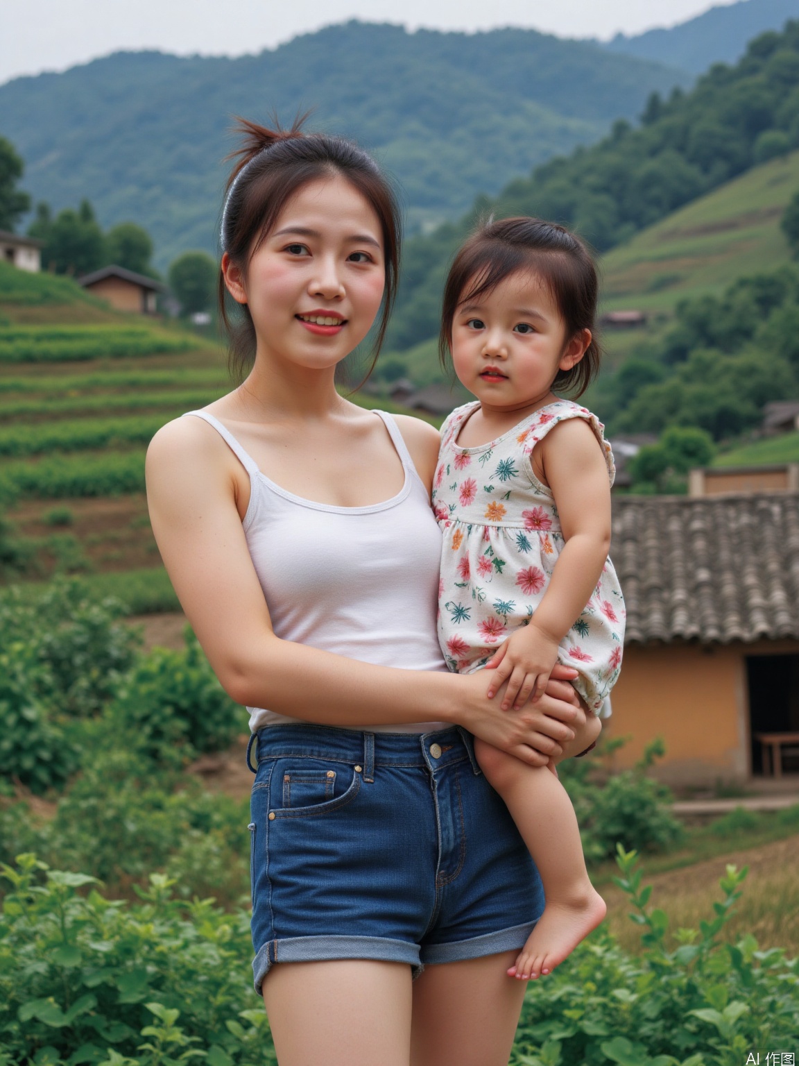 The image shows a young woman wearing a white undershirt and denim shorts, holding a small child dressed in a floral dress. They are standing outdoors, with a blurred background of green hills and traditional-style buildings. The woman has her hair tied up in a bun, and the child appears to be barefoot. The setting suggests a rural or countryside environment.