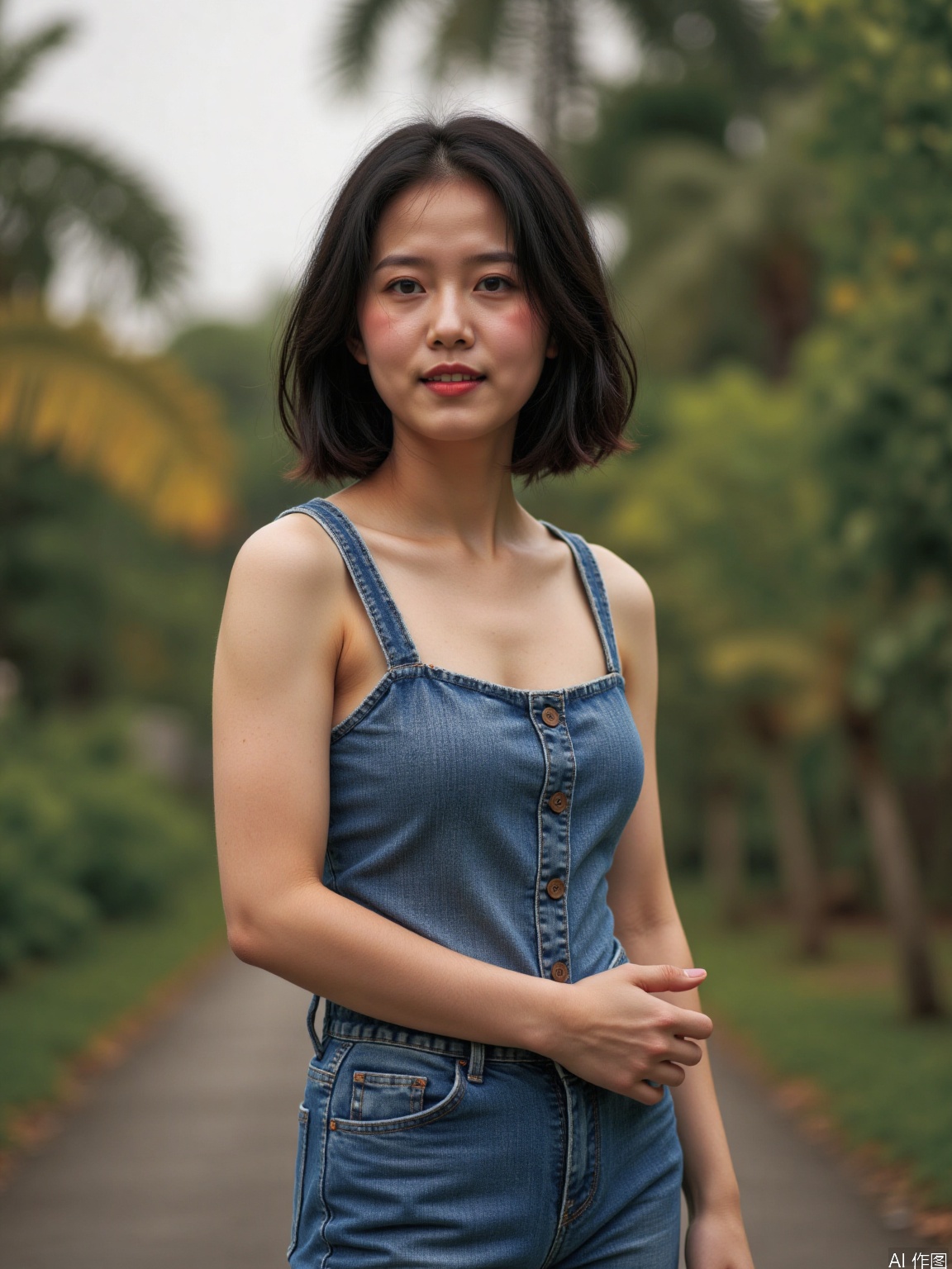black hair, blurry, blurry background, breasts, cleavage, denim, depth of field, jeans, lips, medium breasts, multiple girls, pants, photo \(medium\), realistic, short hair,
