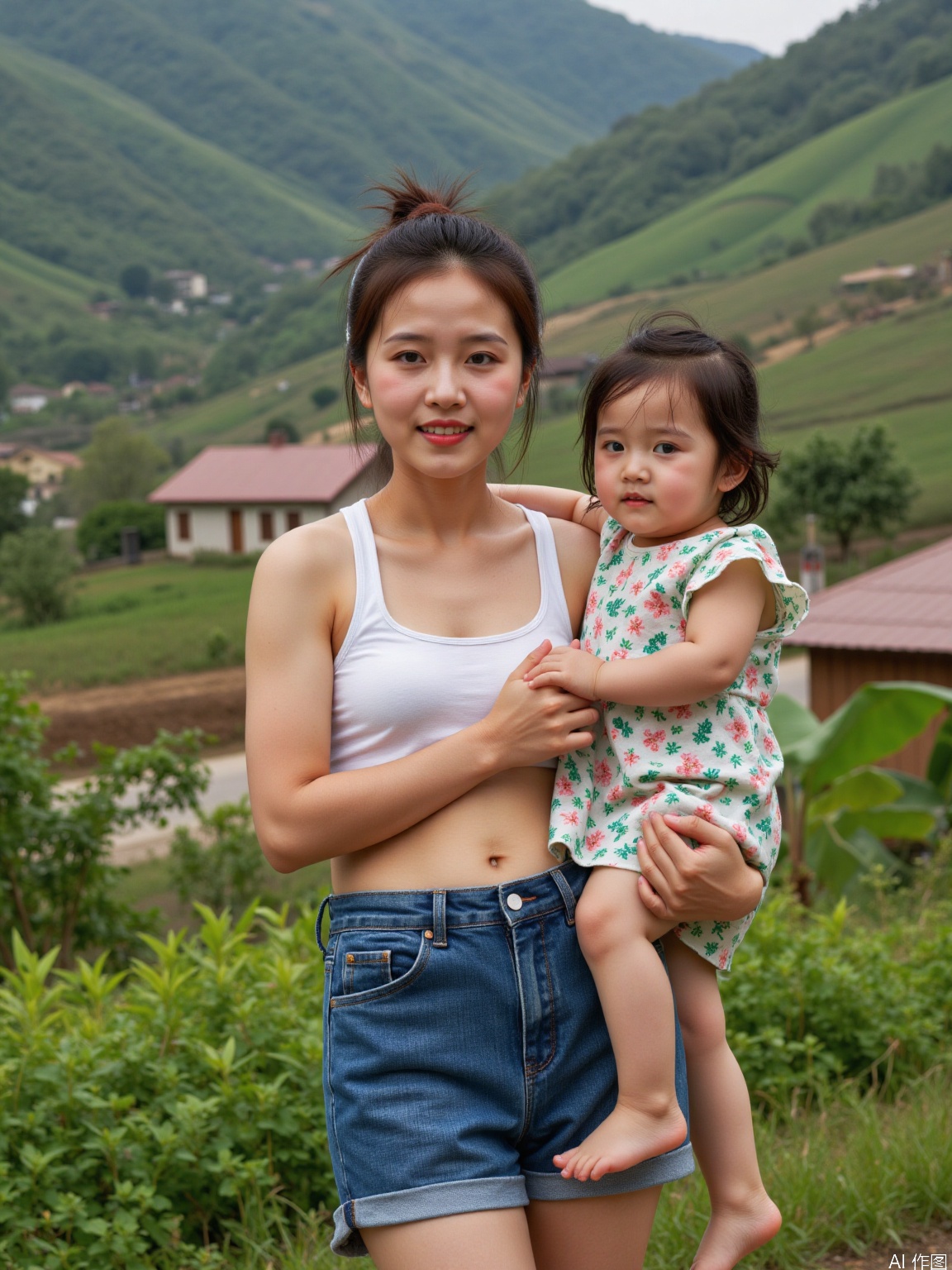 The image shows a young woman wearing a white undershirt and denim shorts, holding a small child dressed in a floral dress. They are standing outdoors, with a blurred background of green hills and traditional-style buildings. The woman has her hair tied up in a bun, and the child appears to be barefoot. The setting suggests a rural or countryside environment.